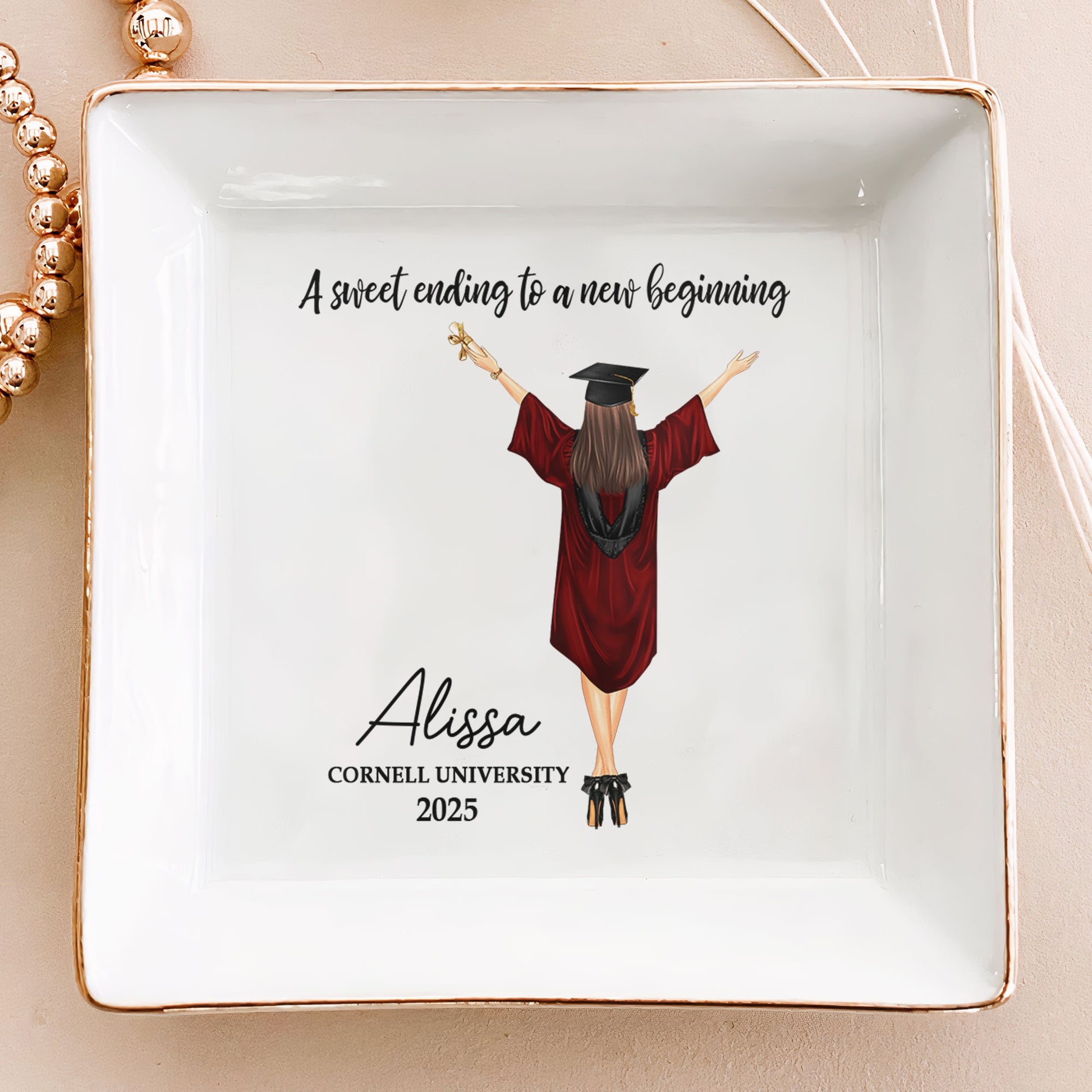 A Sweet Ending To A New Beginning - Personalized Jewelry Dish - Graduation Motivation Gift For Her/Him, Daughter/Son, Grad Ceremony, Commencement
