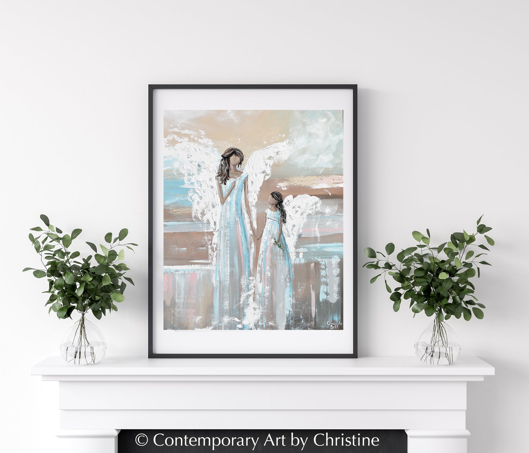 "Her Angel" Abstract Angel Painting 2 Guardian Angels Mother Daughter