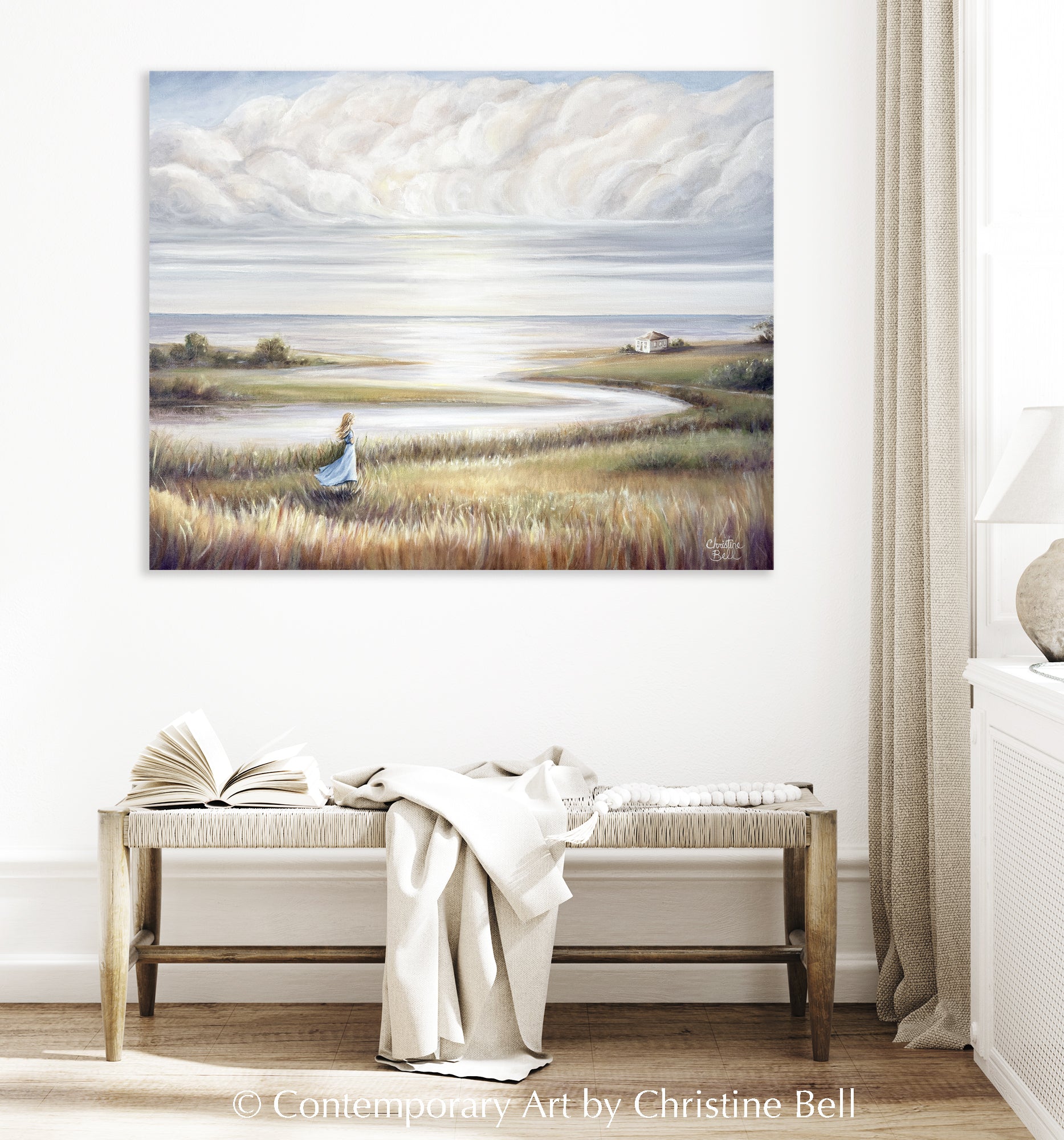 "In Her Own World" GICLÉE PRINT Landscape Oil Painting, Coastal Seascape Beach Figurative w/ Girl  30x24"