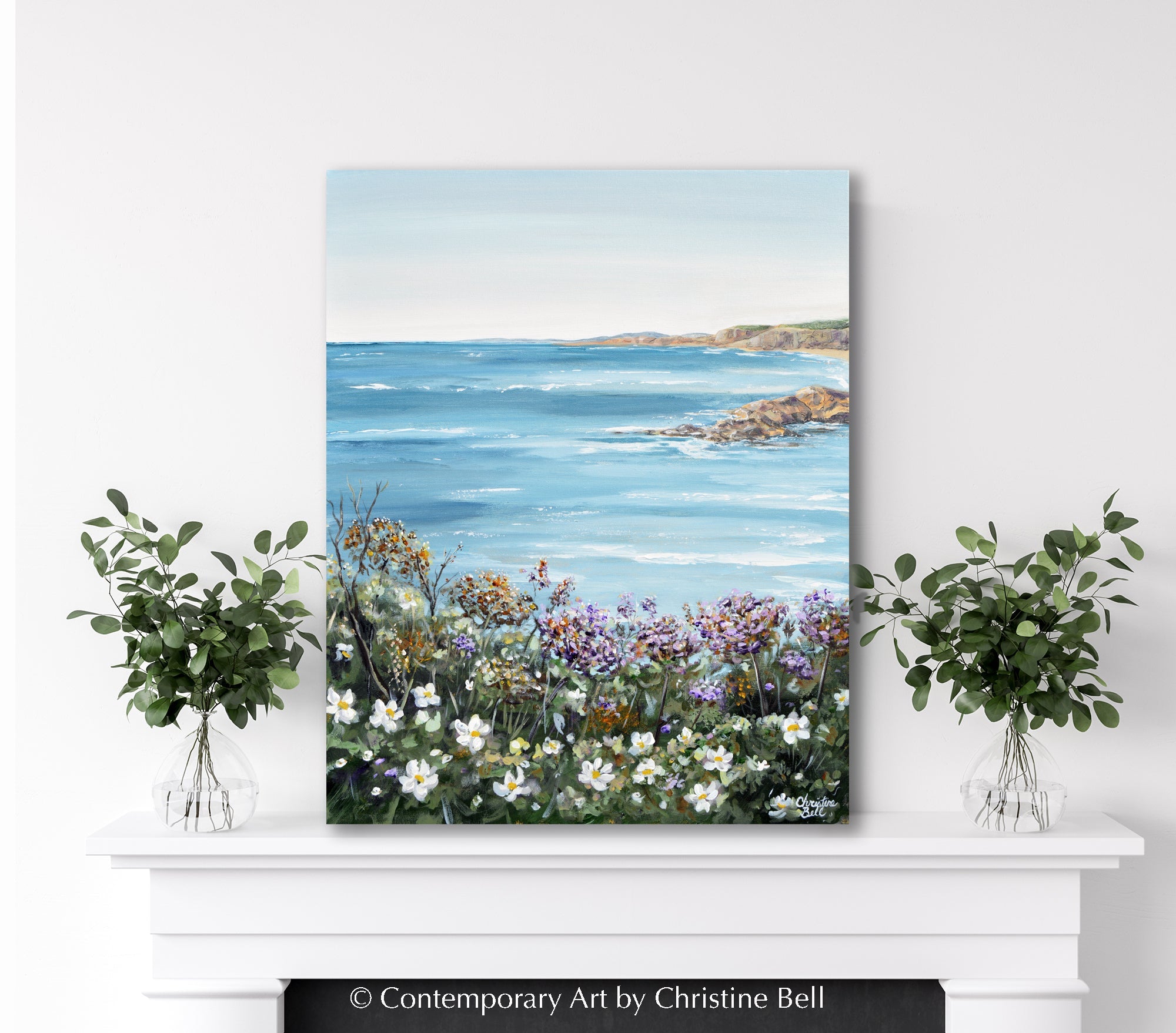 "La Jolla Cove in Bloom" GICLÉE PRINT, Coastal Abstract Seascape Painting, Ocean Wildflowers Flowers