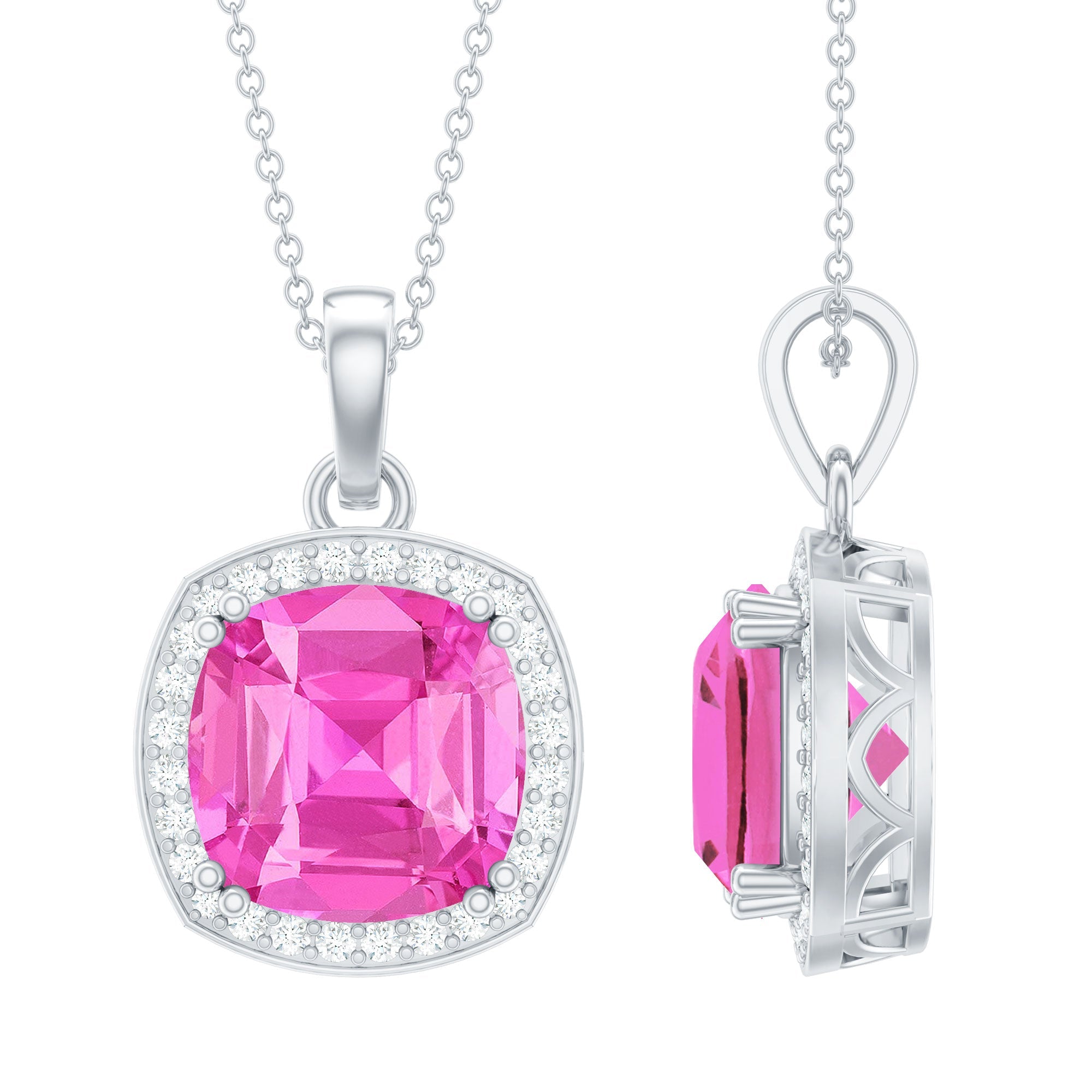 12 MM Lab Grown Pink Sapphire Cocktail Necklace With Silver Chain