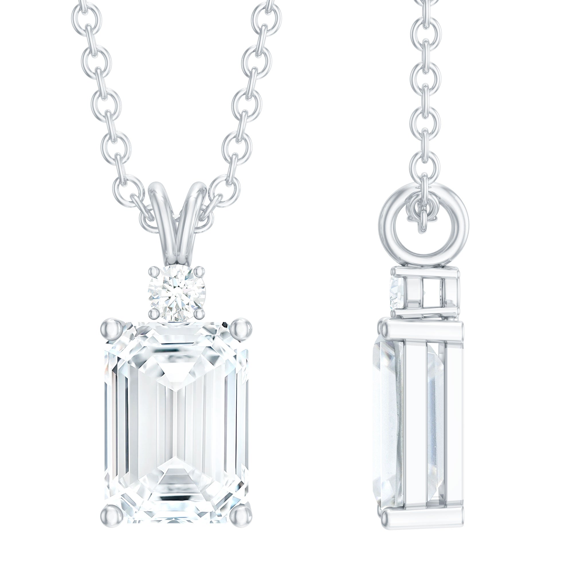 Certified 6X8 MM Emerald Cut CZ Diamond Solitaire Necklace with Silver Chain