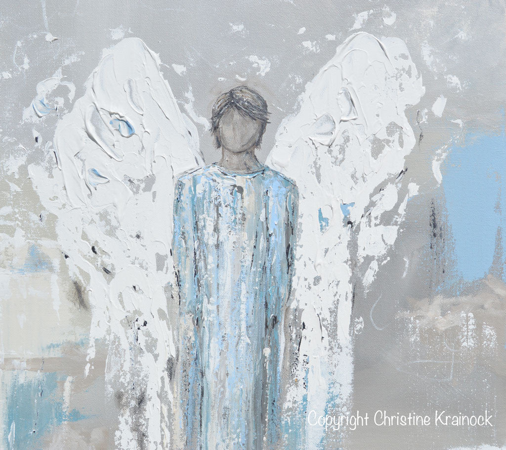 "Faithful Protector" Giclée Print Angel Painting Abstract Male Guardian Angel Blue Grey Wall Art
