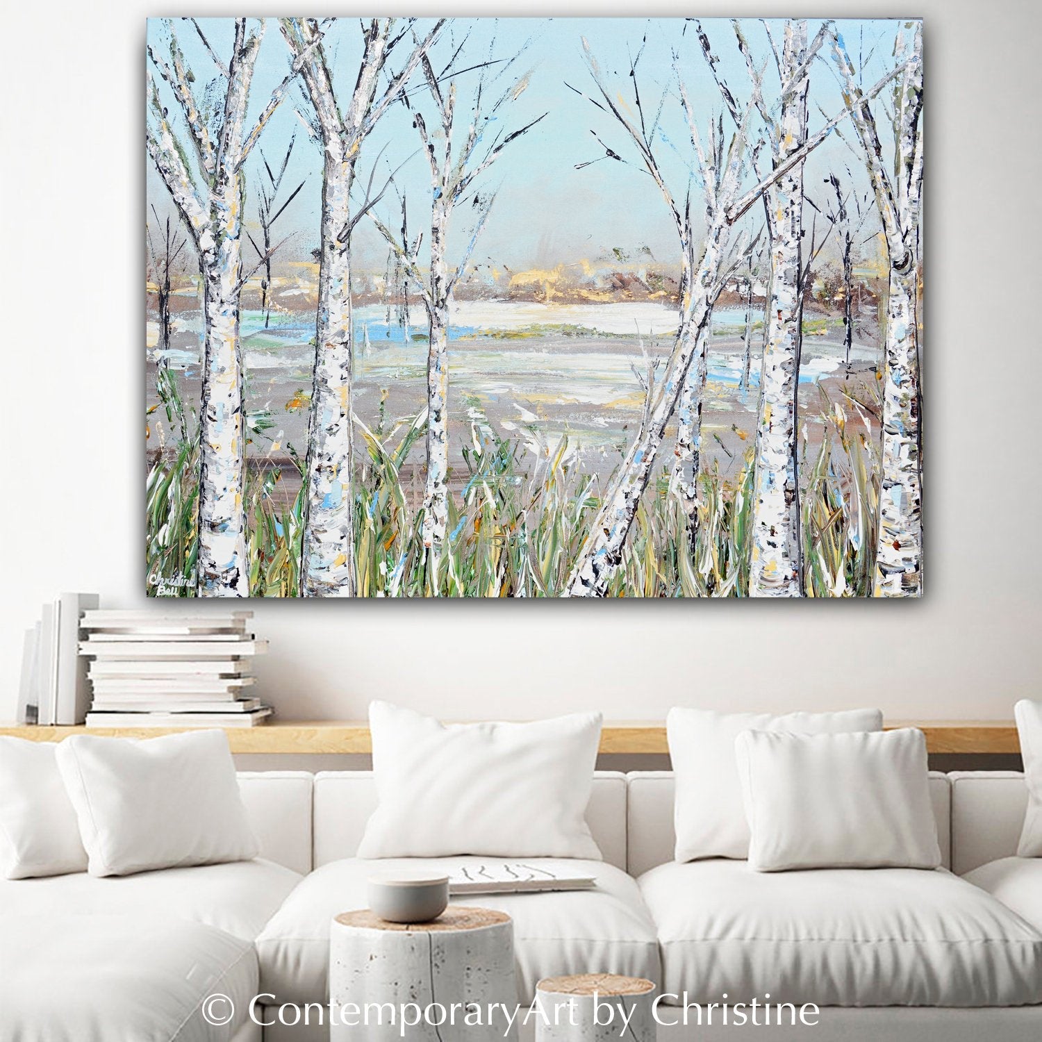 "Just Breathe" Giclee Print Art Abstract Landscape Painting Birch Trees Light Blue White