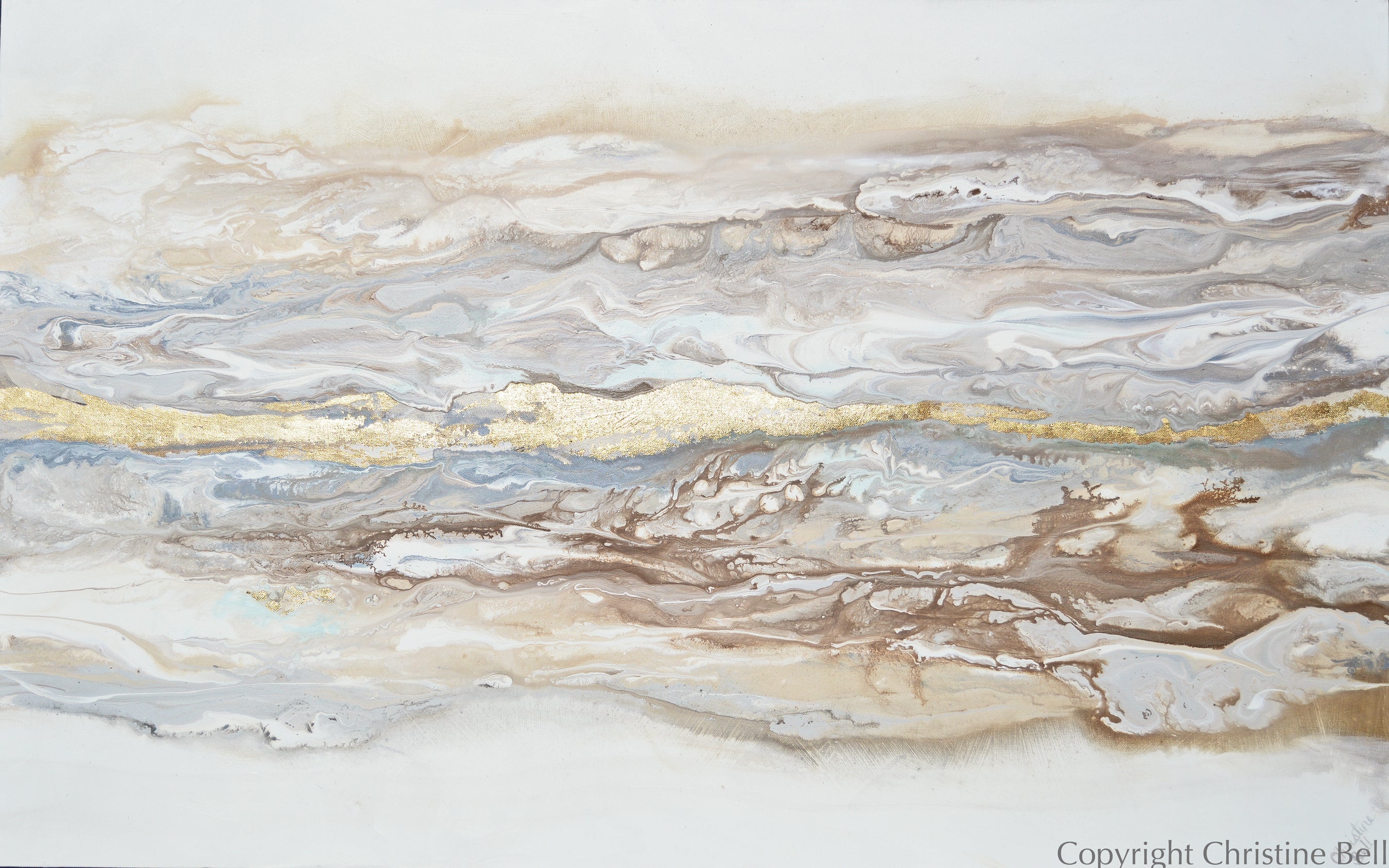 "Ingrained in My Soul" GICLÉE PRINT Art Abstract Painting Neutral White Beige Gold Leaf Marbled Coastal Landscape