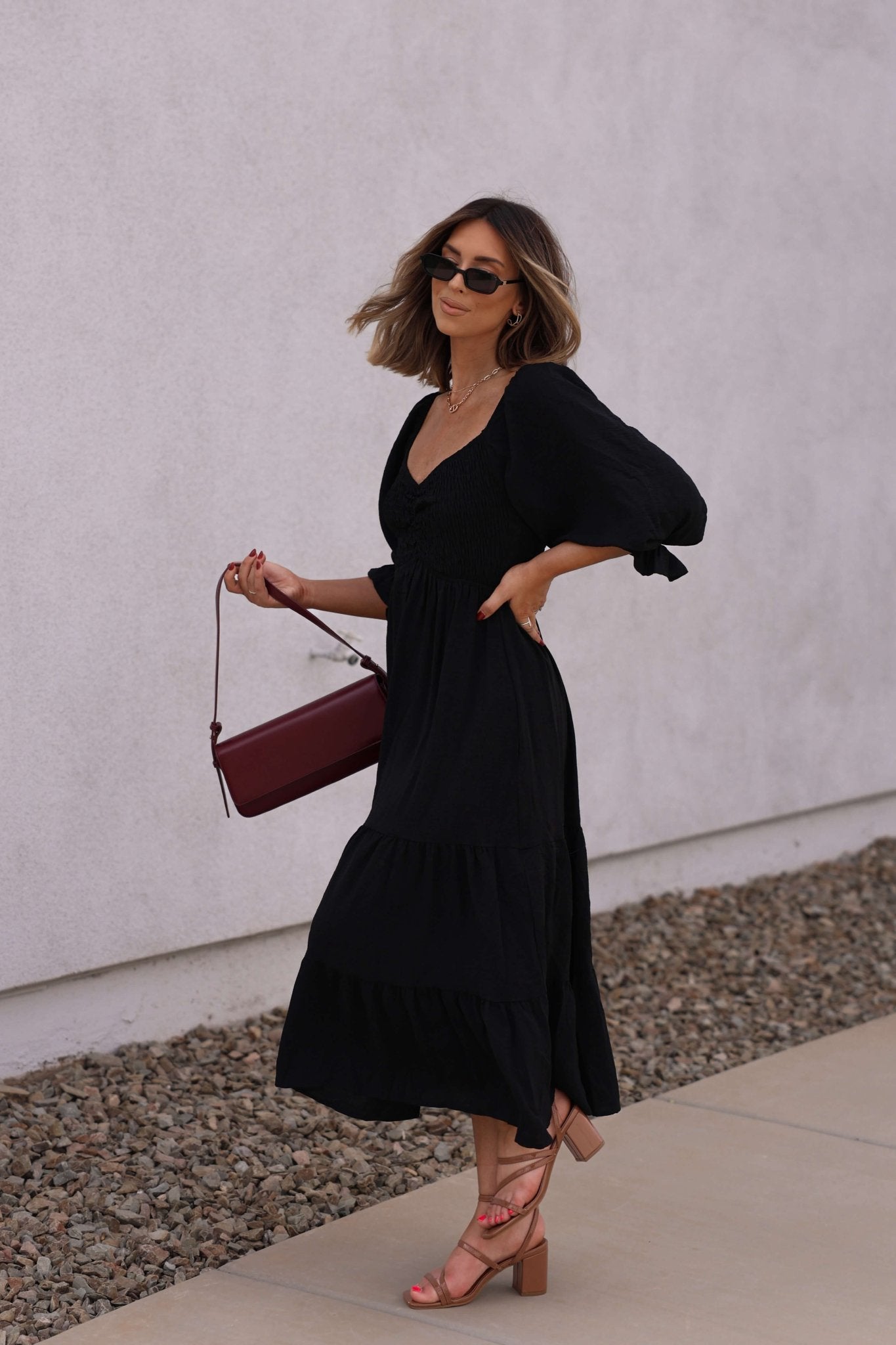 Autumn Nights Black Tiered Midi Dress