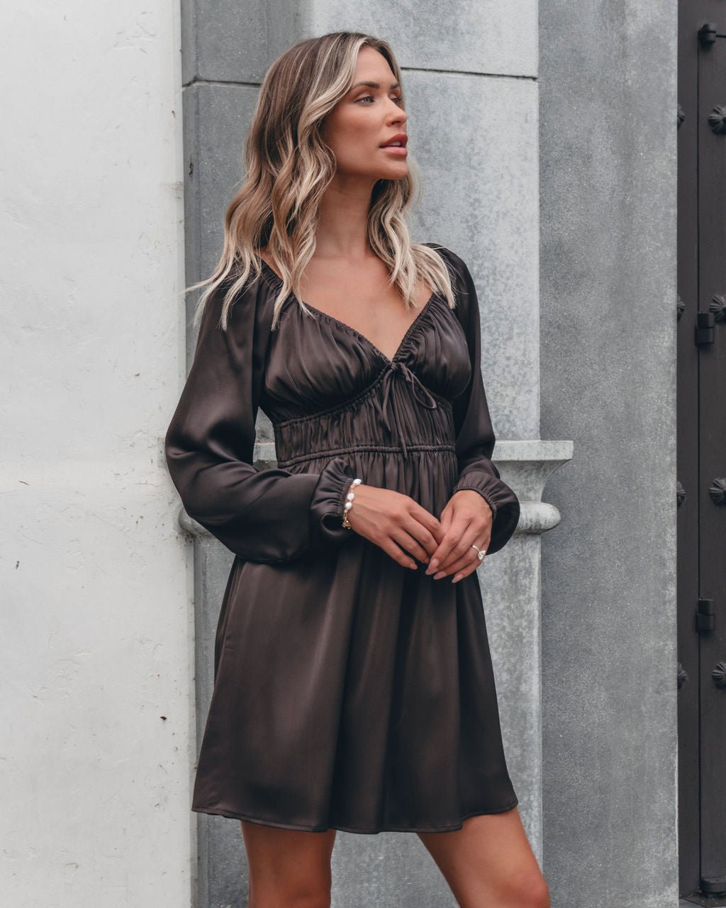 Autumn Soiree V Neck Mini Dress - Dark Brown