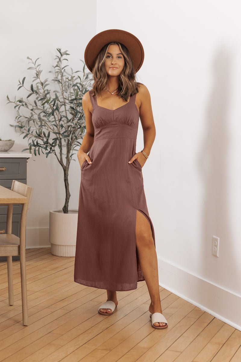 Brown V Neck Linen Midi Dress