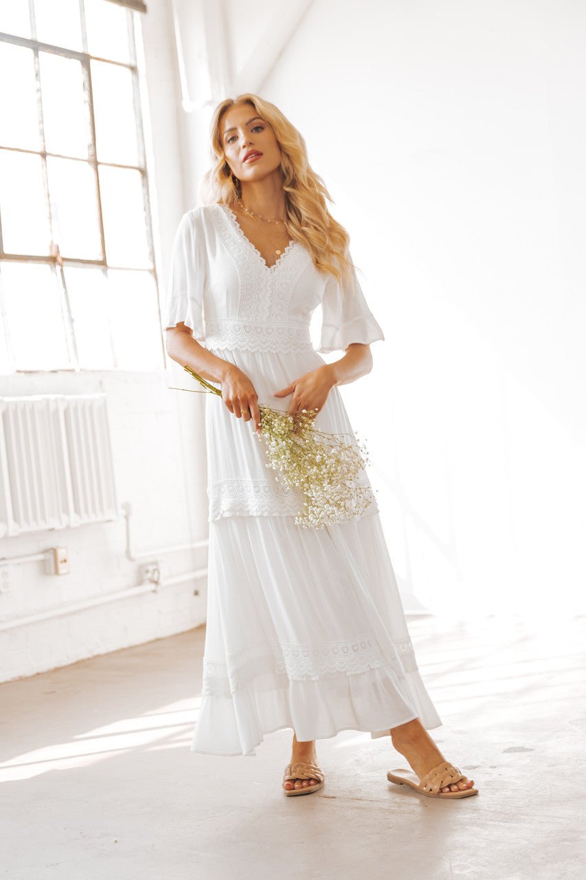 White Short Sleeve Lace Maxi Dress - FINAL SALE