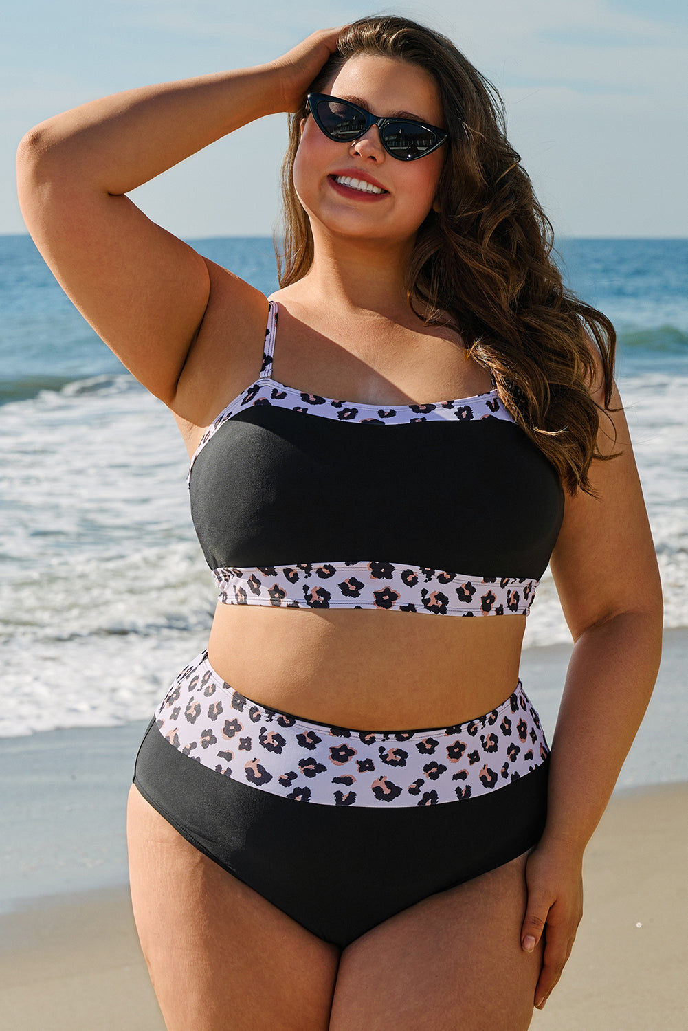 Black 2pcs Leopard Patchwork High Waisted Swimsuit