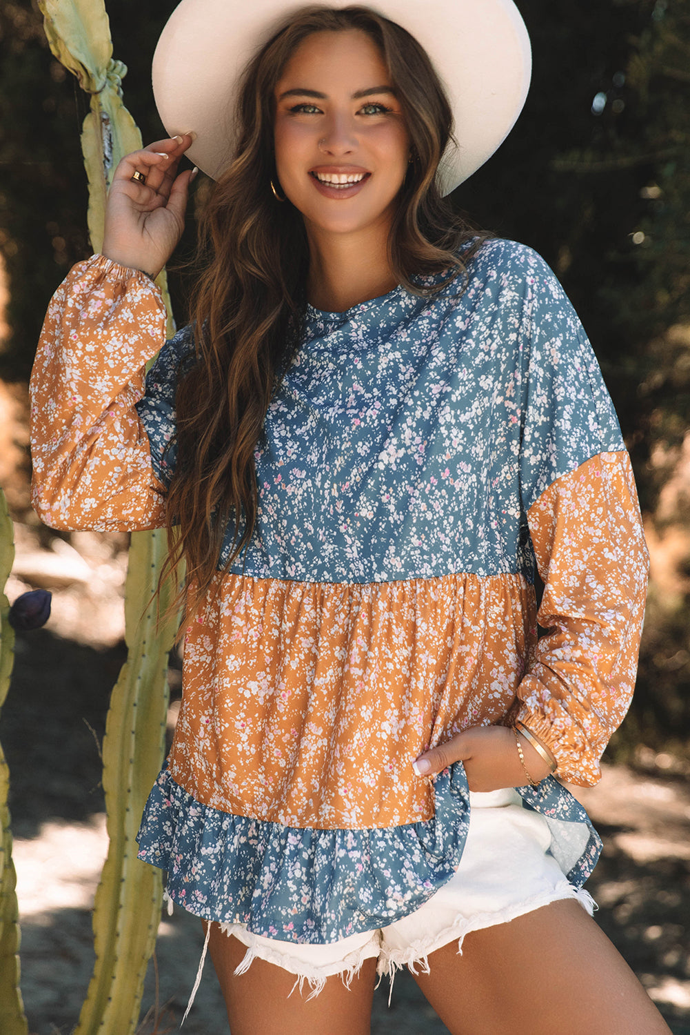 Cecilia Floral Ruffled Hem Round Neck Blouse