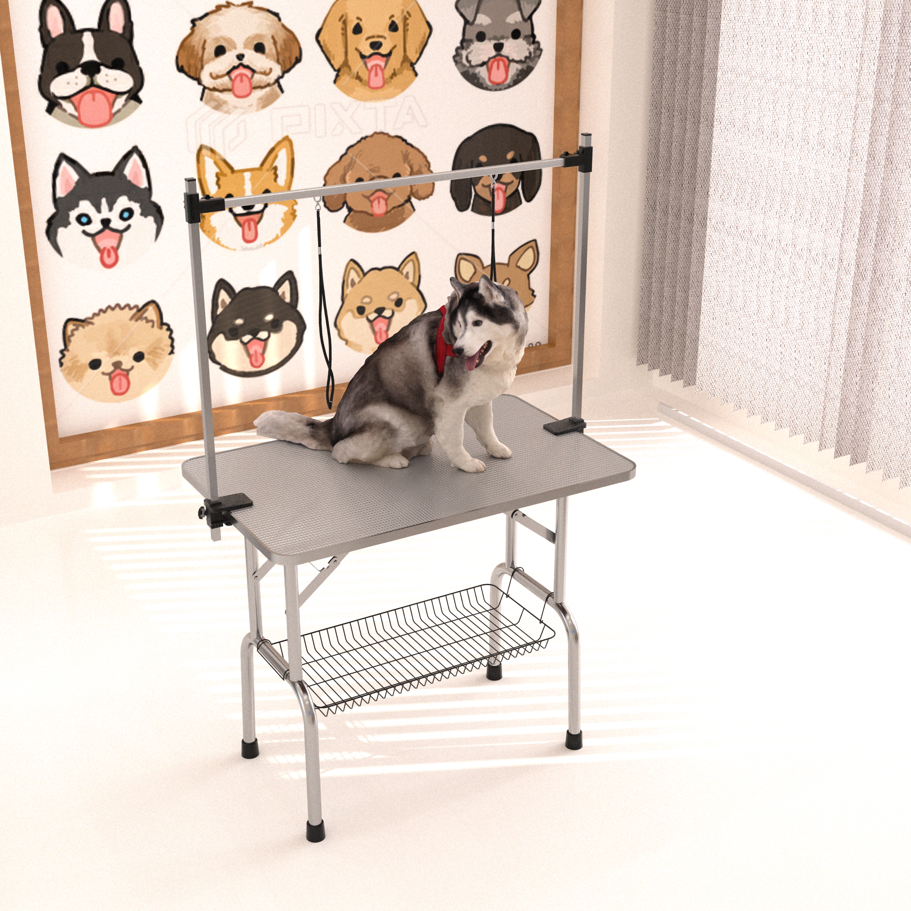 42&amp;#39; Folding Dog Pet Grooming Table Stainless Steel Frame Rubber Mat on Board with Adjustable Arm and Clamps pet dog Cat Grooming Table (SILVER-GRAY COLOR)