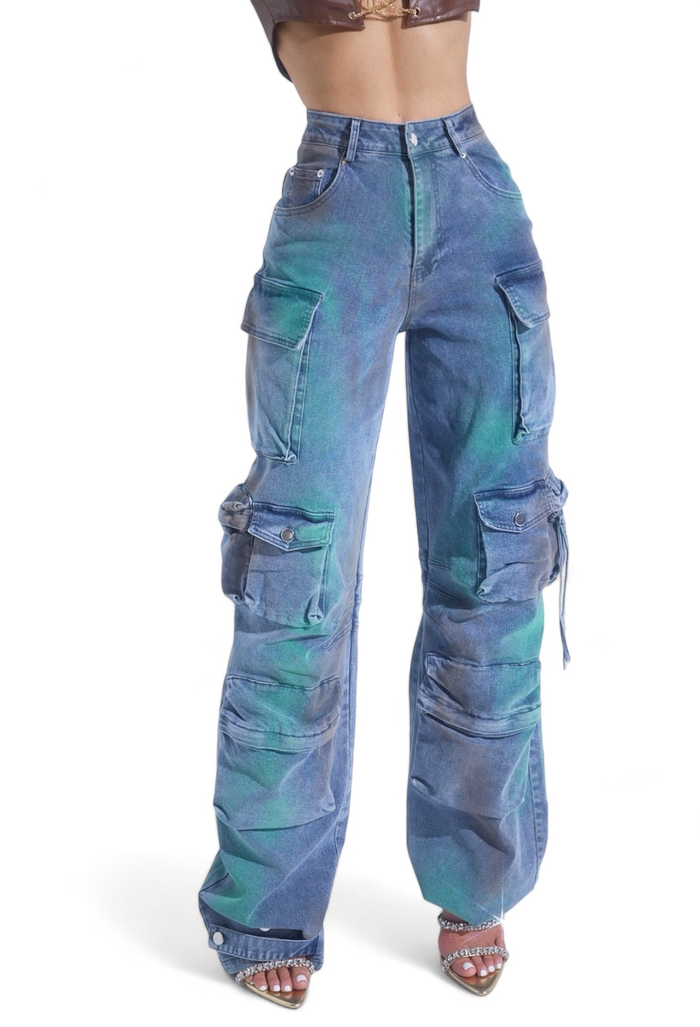 Green &amp;amp; Blue Acid Wash Cargo Denim {Tall Girl Friendly}