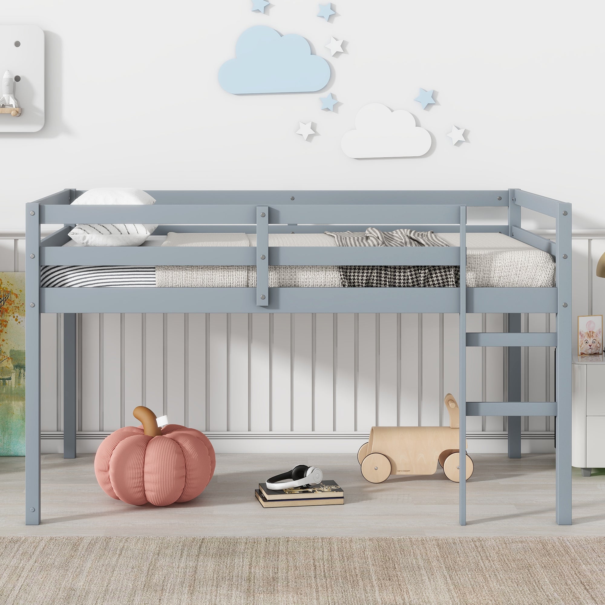 Solid Wooden, Rubber Wooden Twin Loft Bed with Ladder, Bed Platform of Strengthened Slats , Grey