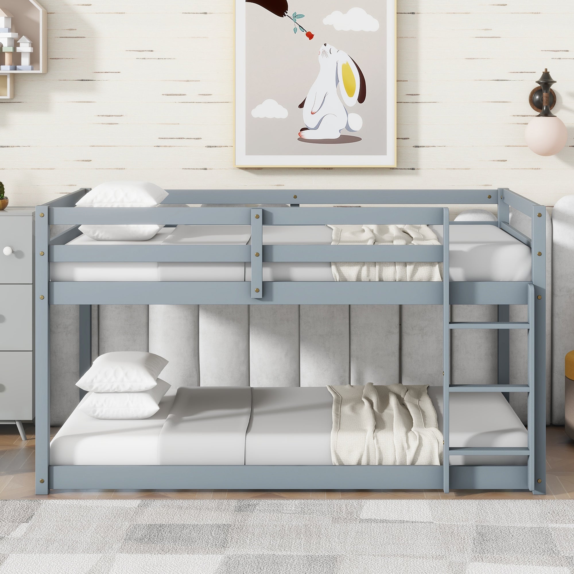 Solid Wooden , Solid Rubber Wooden Twin over Twin Floor Bunk Bed with Ladder ,Upper and Bottom Bed Platforms crafted with Strengthened Slats ,Grey