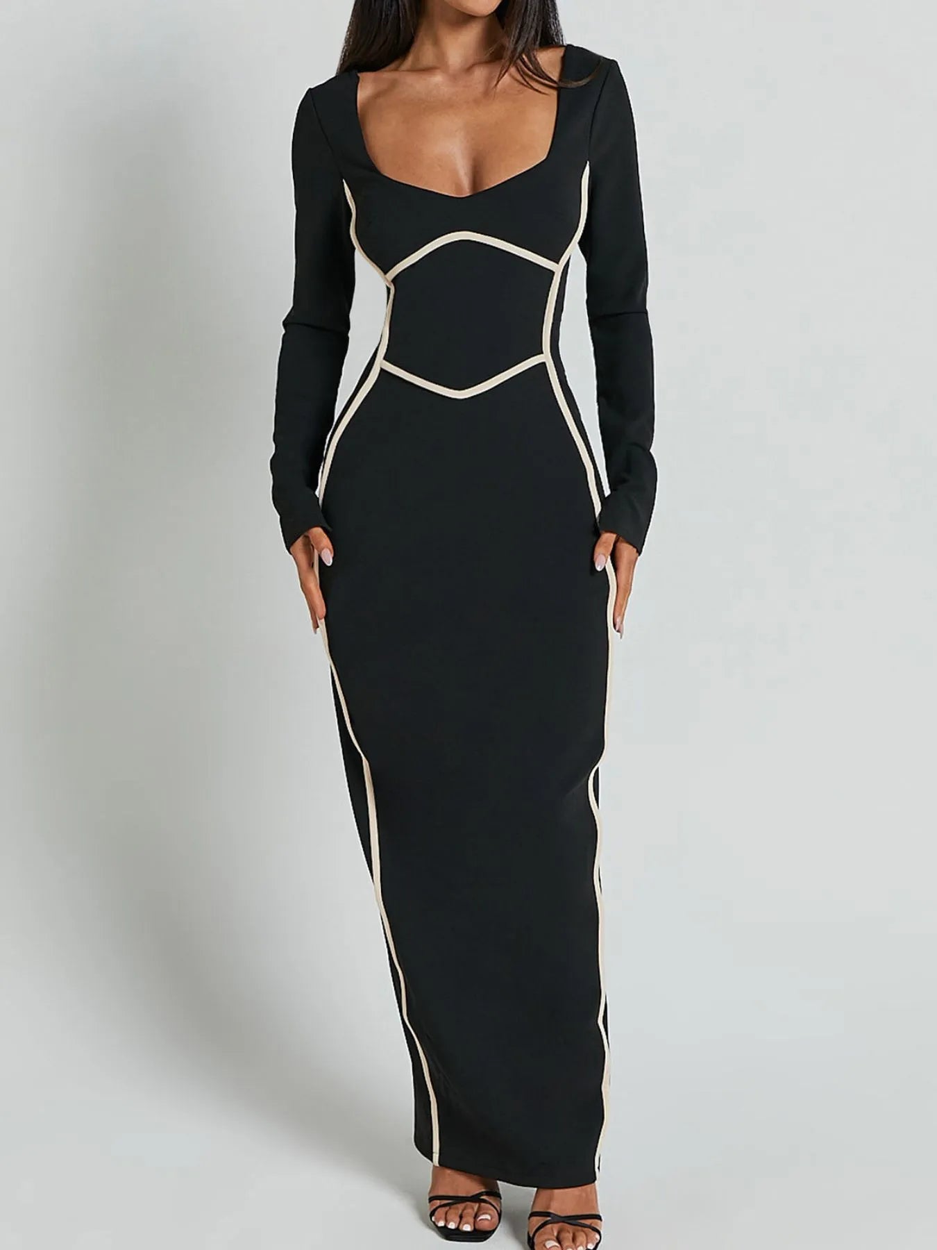 Contrast Trim Long Sleeve Bodycon Maxi Dress