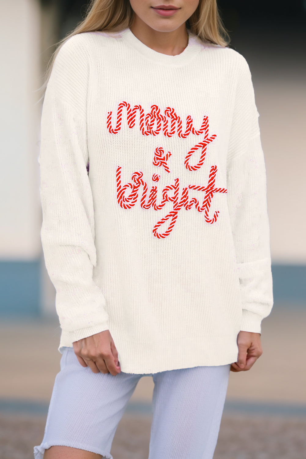 Christmas Stripe Merry &amp;amp; Bright Long Sleeve Sweater