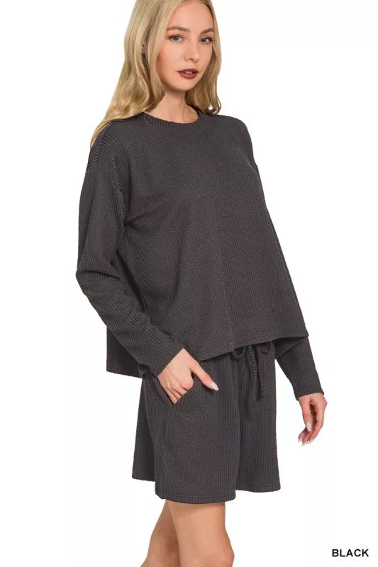 Zenana Corded Rib Long Sleeve Tee and Shorts Set