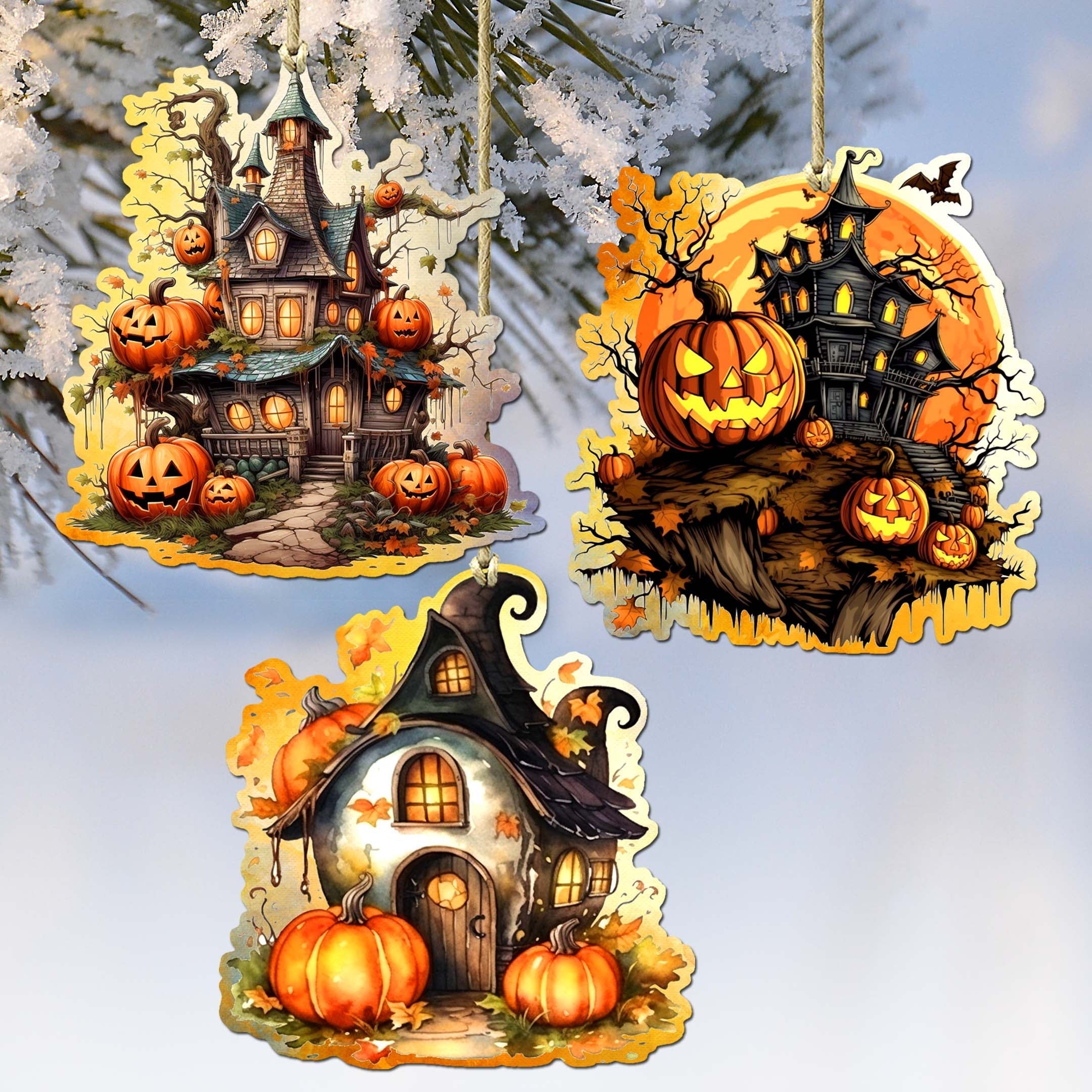 Spooky Houses Decorative Wooden Ornaments of 3 by G. Debrekht - Halloween Decor - 8091007-S3
