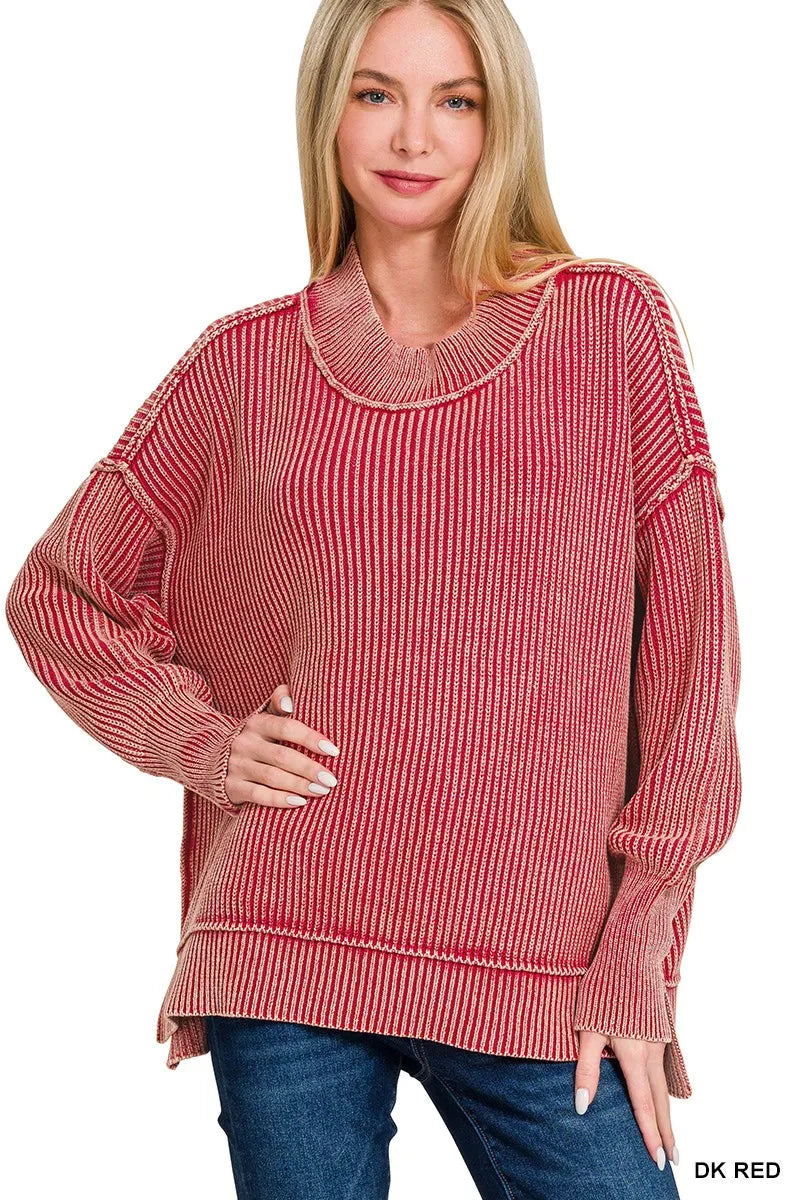 Zenana Washed Side Slit Oversized Sweater