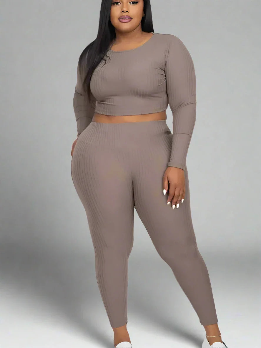 Plus Size Ribbed Long Sleeve Crop Top &amp;amp; Leggings Set - Soft, Stretchy, and Perfect for Everyday Wear