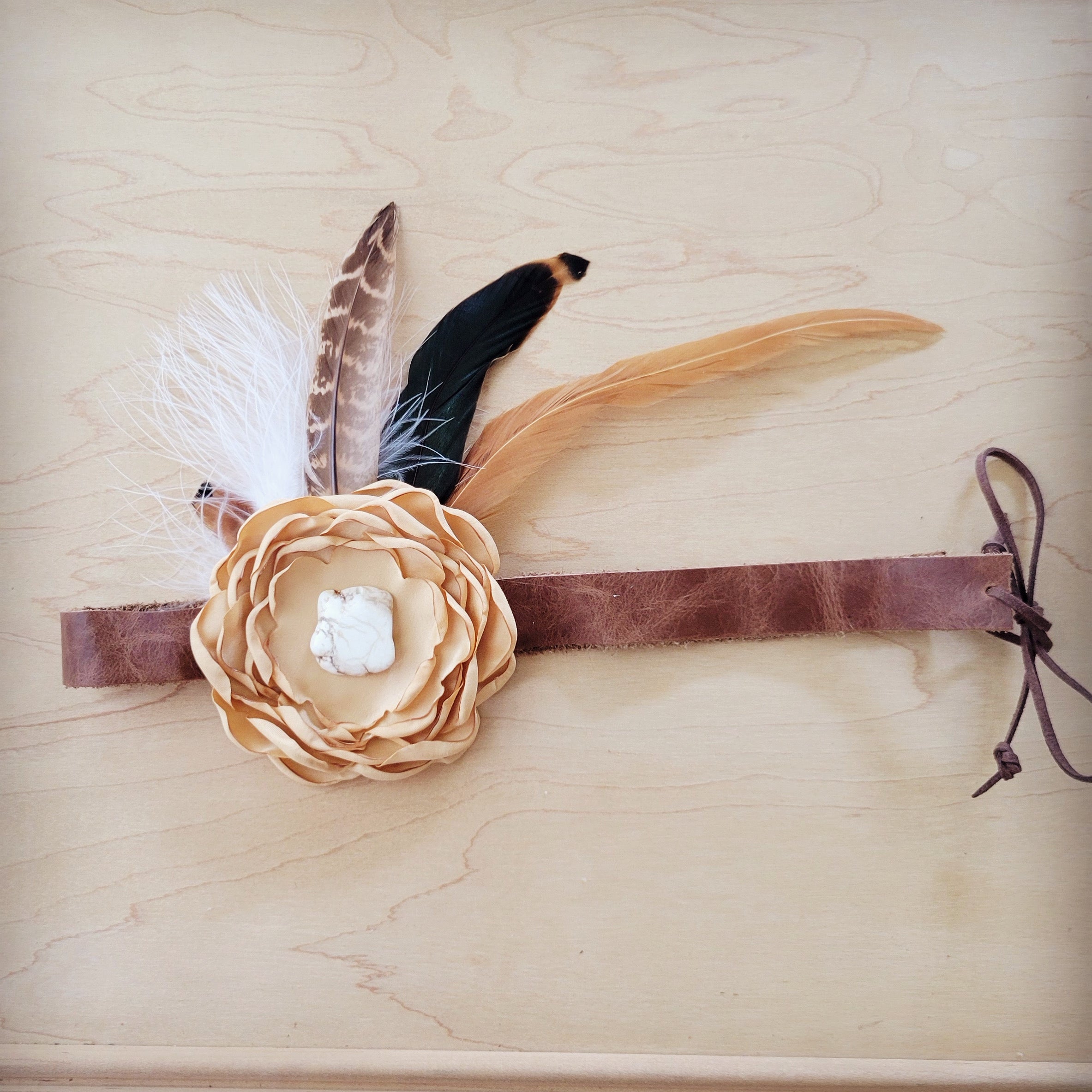 Leather Hat Band w/ Silk Flower &amp;amp; Feathers-Gold (Band Only) 952x