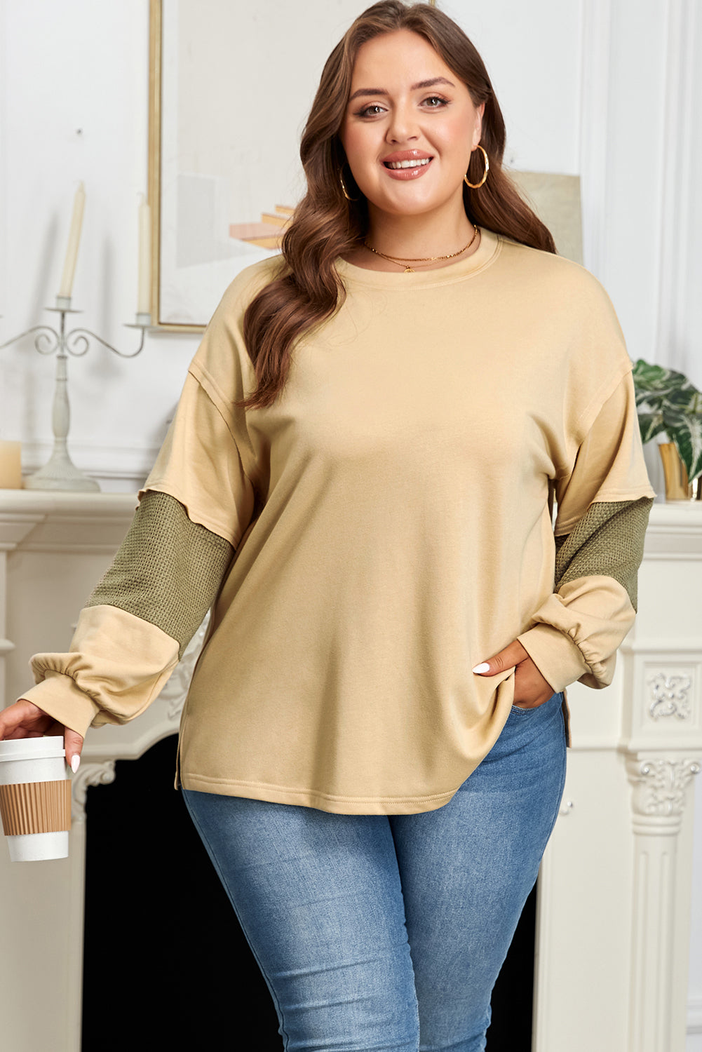 Plus Size Reverse Seam Patchwork Drop Shoulder Top