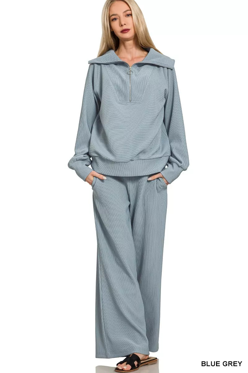 Zenana Ribbed High Neck Half Zip Pullover &amp;amp; Pants Set
