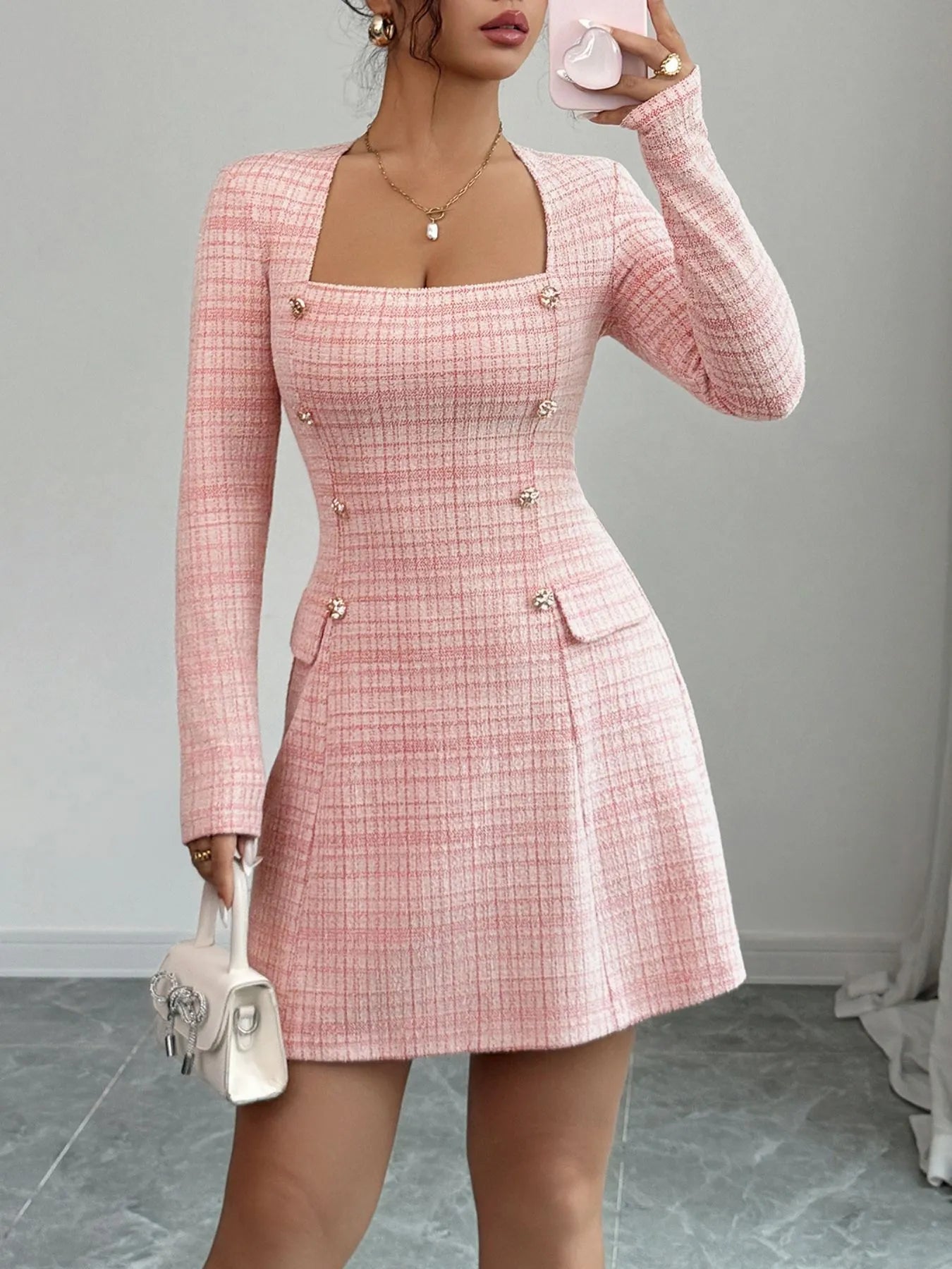 Square Neck Long Sleeve Dress