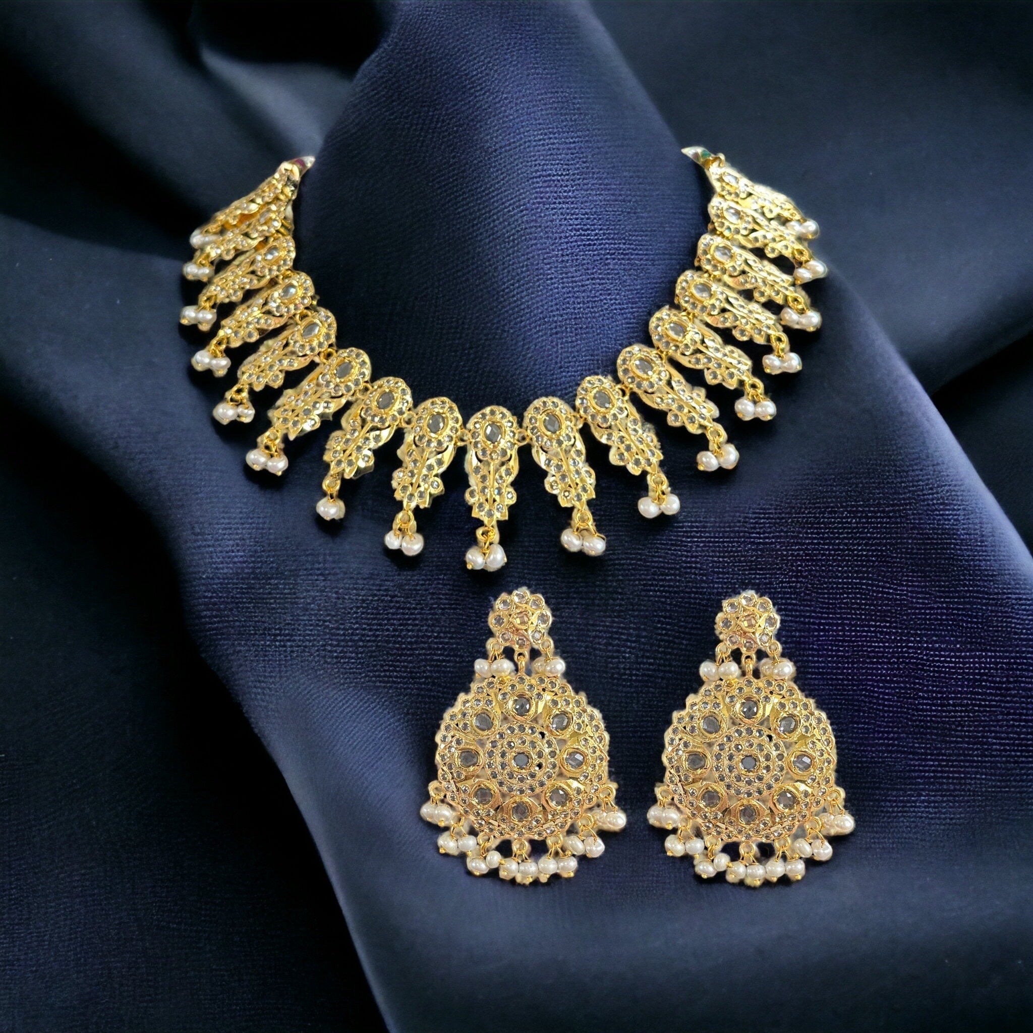 DNS48 Simeon gold plated Hyderabadi necklace in fresh water pearls ( READY TO SHIP)
