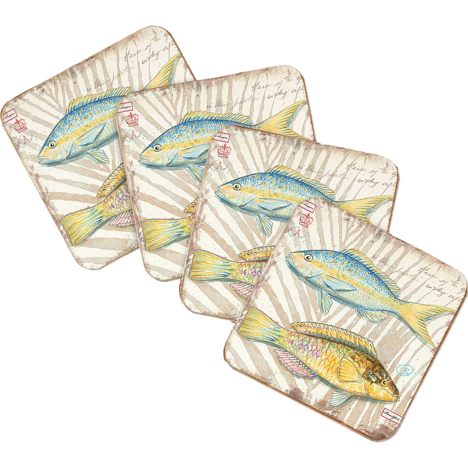 Fish Coastal Wooden Cork Coasters Gift Set of 4 by Nature Wonders - Coastal Sea-Life Decor - 8198625C-S4
