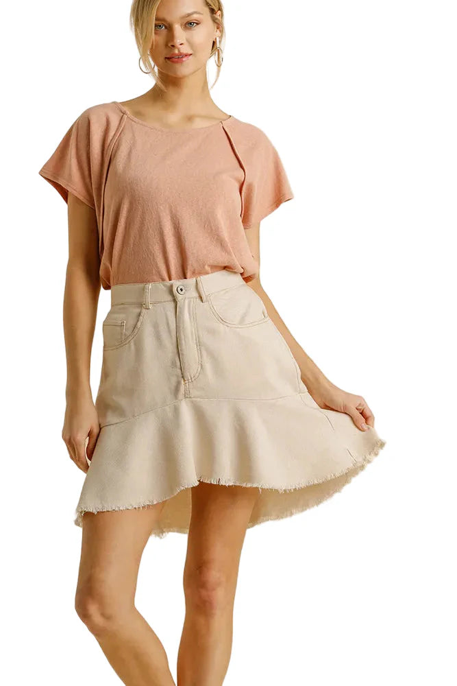 Garden Naked Linen Blend 5 Pockets High Low Skirt with Frayed Hem