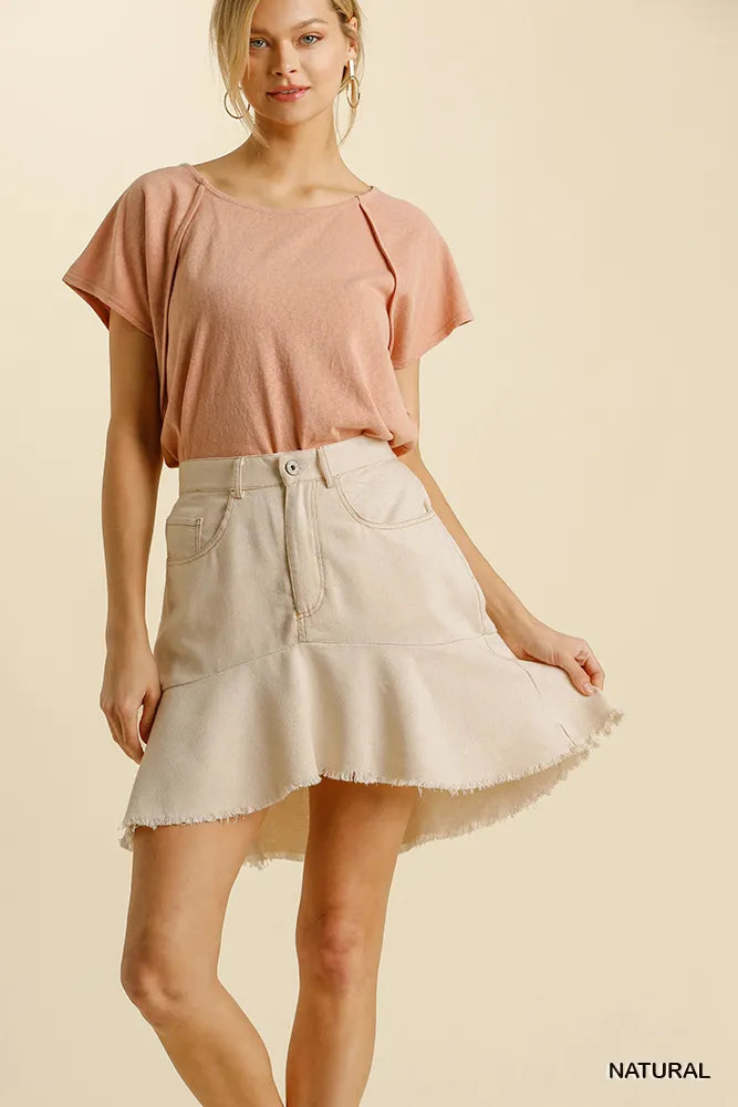 Umgee Linen Blend 5 Pockets High Low Skirt with Frayed Hem