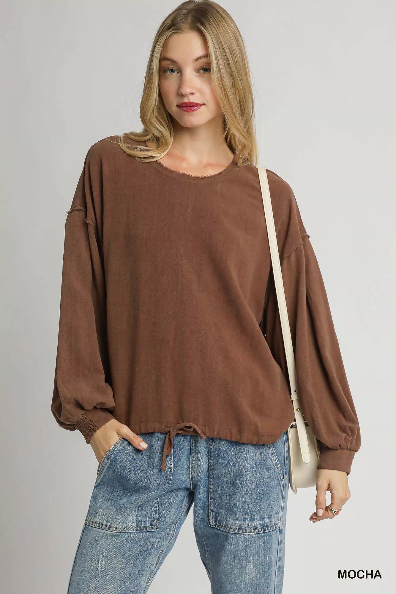 Umgee Linen Long Sleeve Top with Drawstring