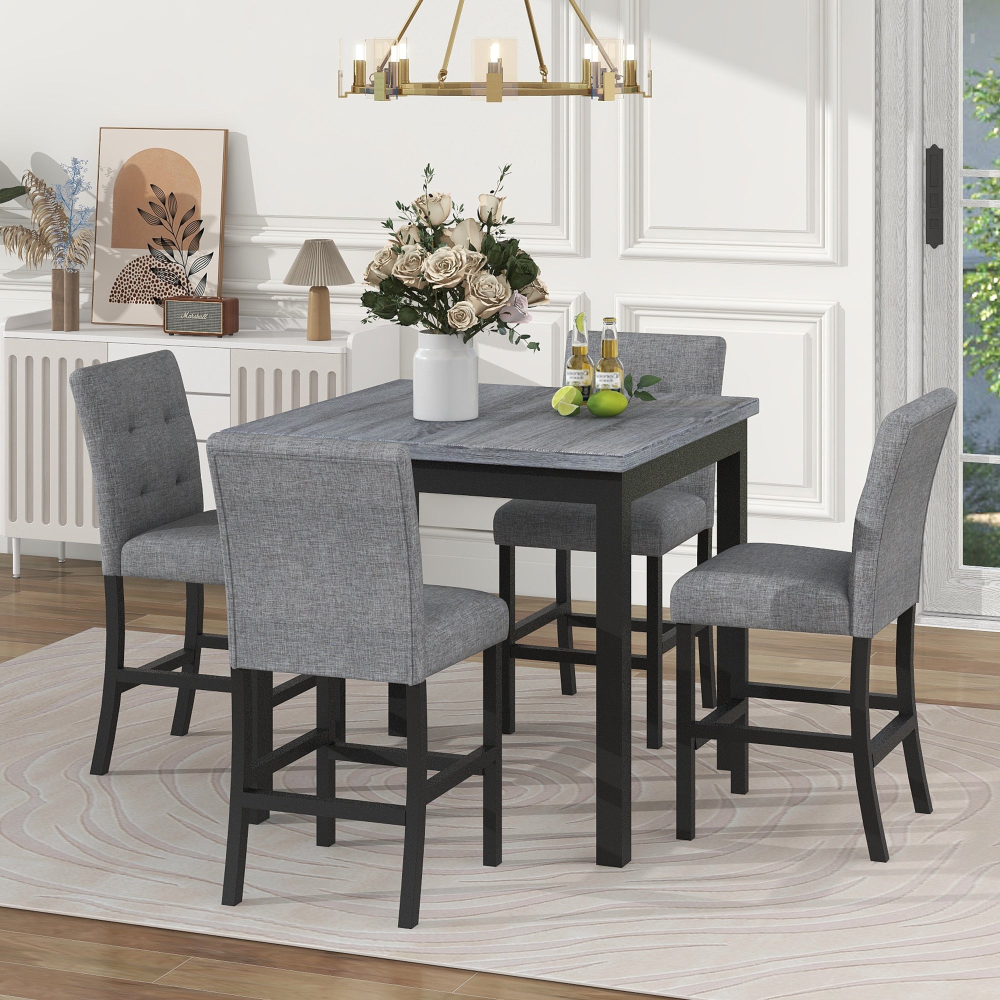 TOPMAX 5-Piece Counter Height Dining Set Wood Square Dining Room Table and Chairs Stools w/Footrest &amp;amp; 4 Upholstered high-back Chairs,Black