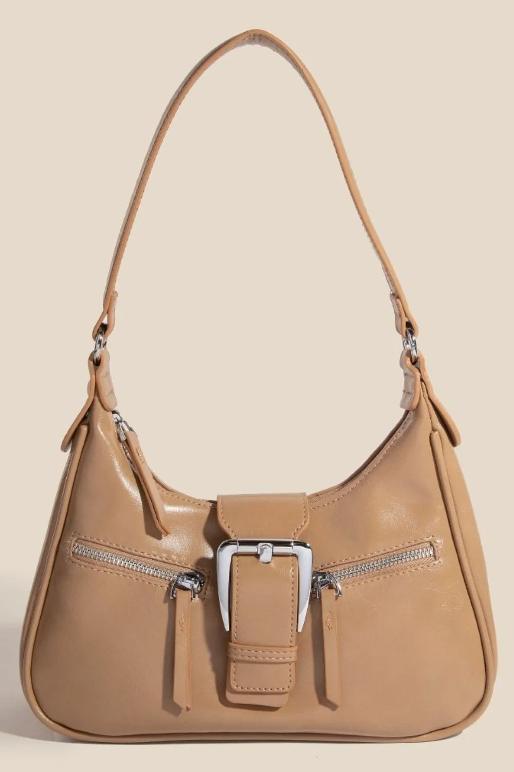 Fame Large Buckle Triple Zipper Leather Handbag Tan