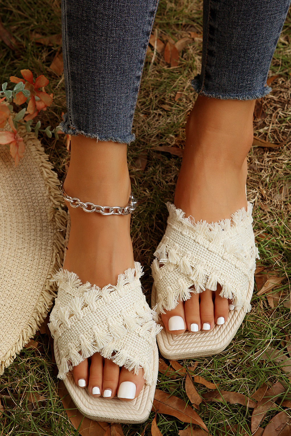 Vada Tassel Woven Crossed Straps Flat Slippers