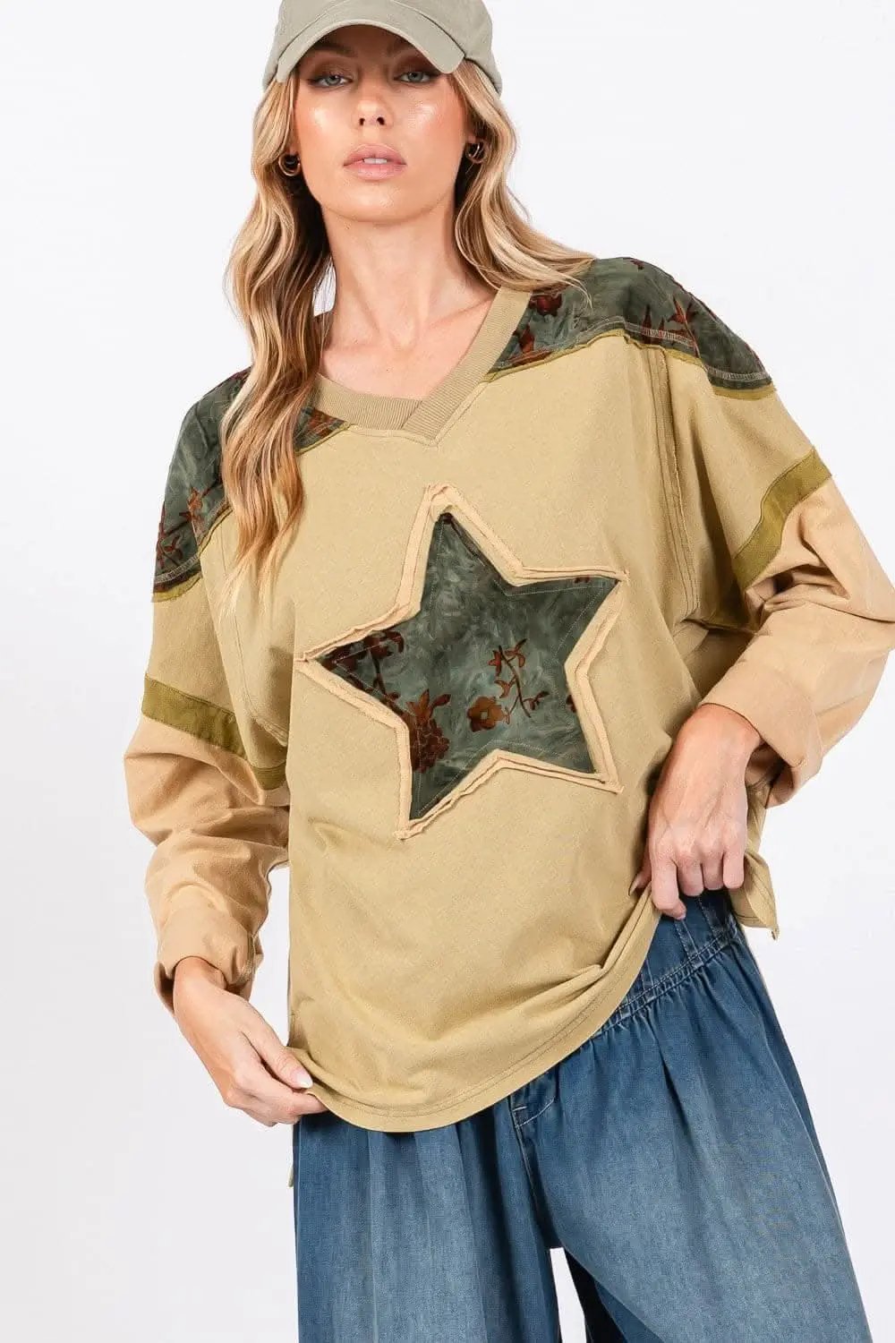 Trendsi Star Patch Color Block Women&amp;#39;s Long Sleeve T-Shirt USA Shipped