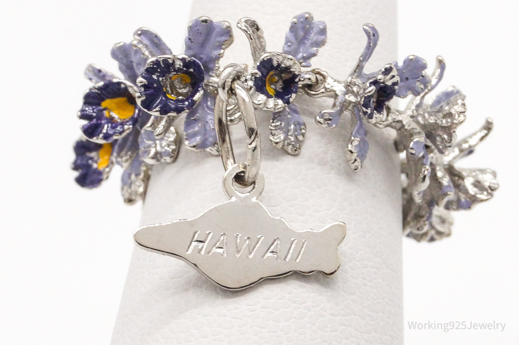 Vintage &amp;quot;Hawaii&amp;quot; State Purple Flowers Enamel Sterling Silver Ring - Size 5