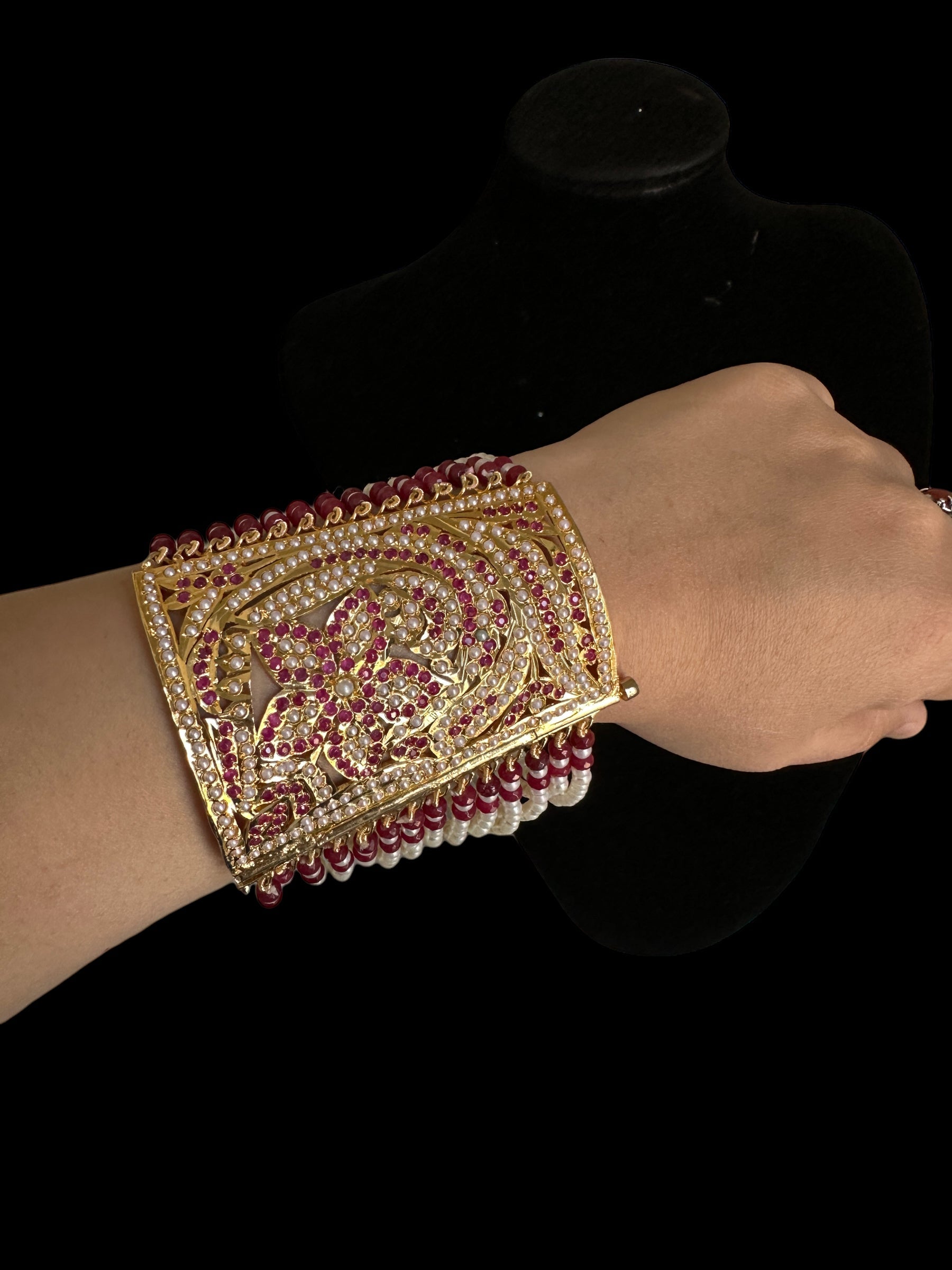 B198 Jadau bahi / bracelet - Ruby pearl ( READY TO SHIP  )