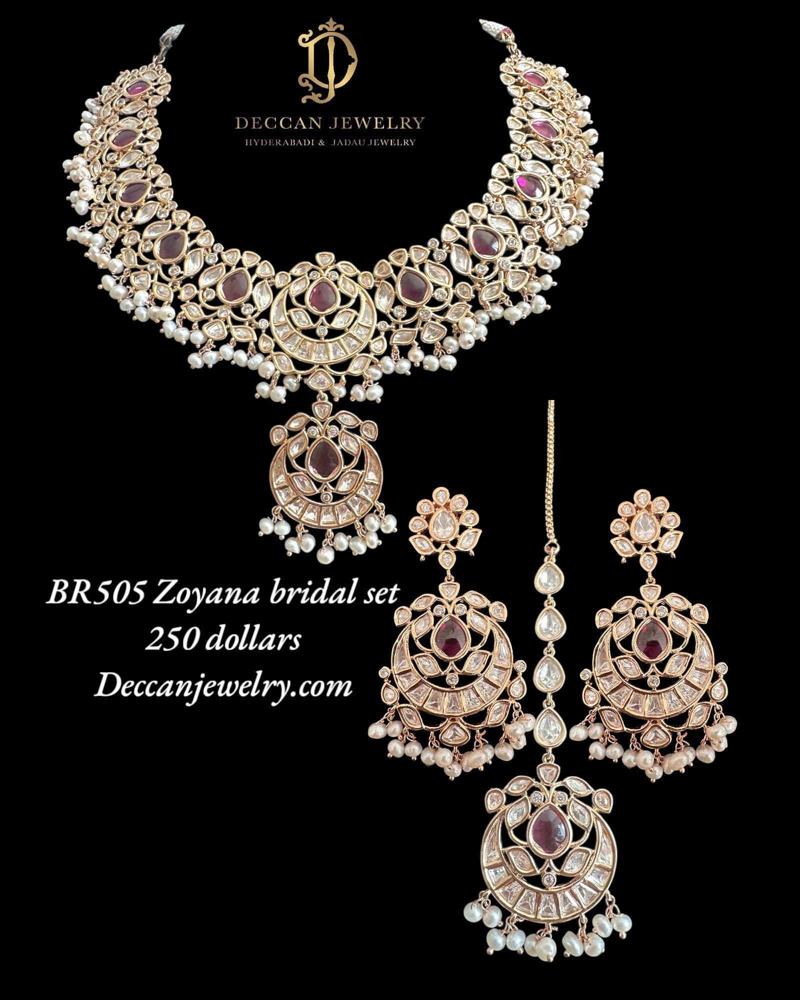 BR505 Zoyana Bridal necklace with earrings tika in fresh water pearls ( READY TO SHIP  )
