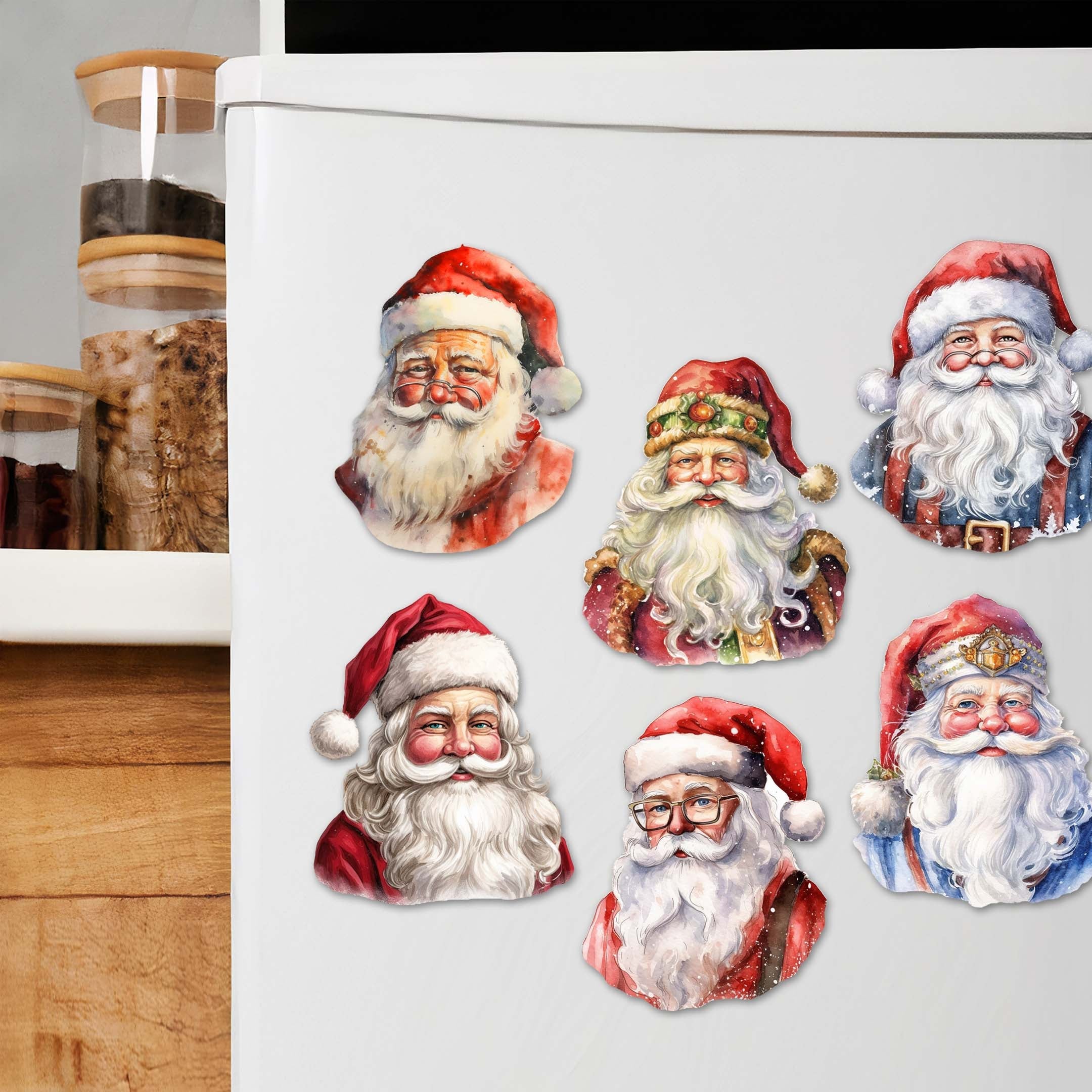 Jolly Santa Faces Decorative Eco Wood Magnets Set of 6 by G. Debrekht - Christmas Santa Snowman Décor - 8090045G-S6