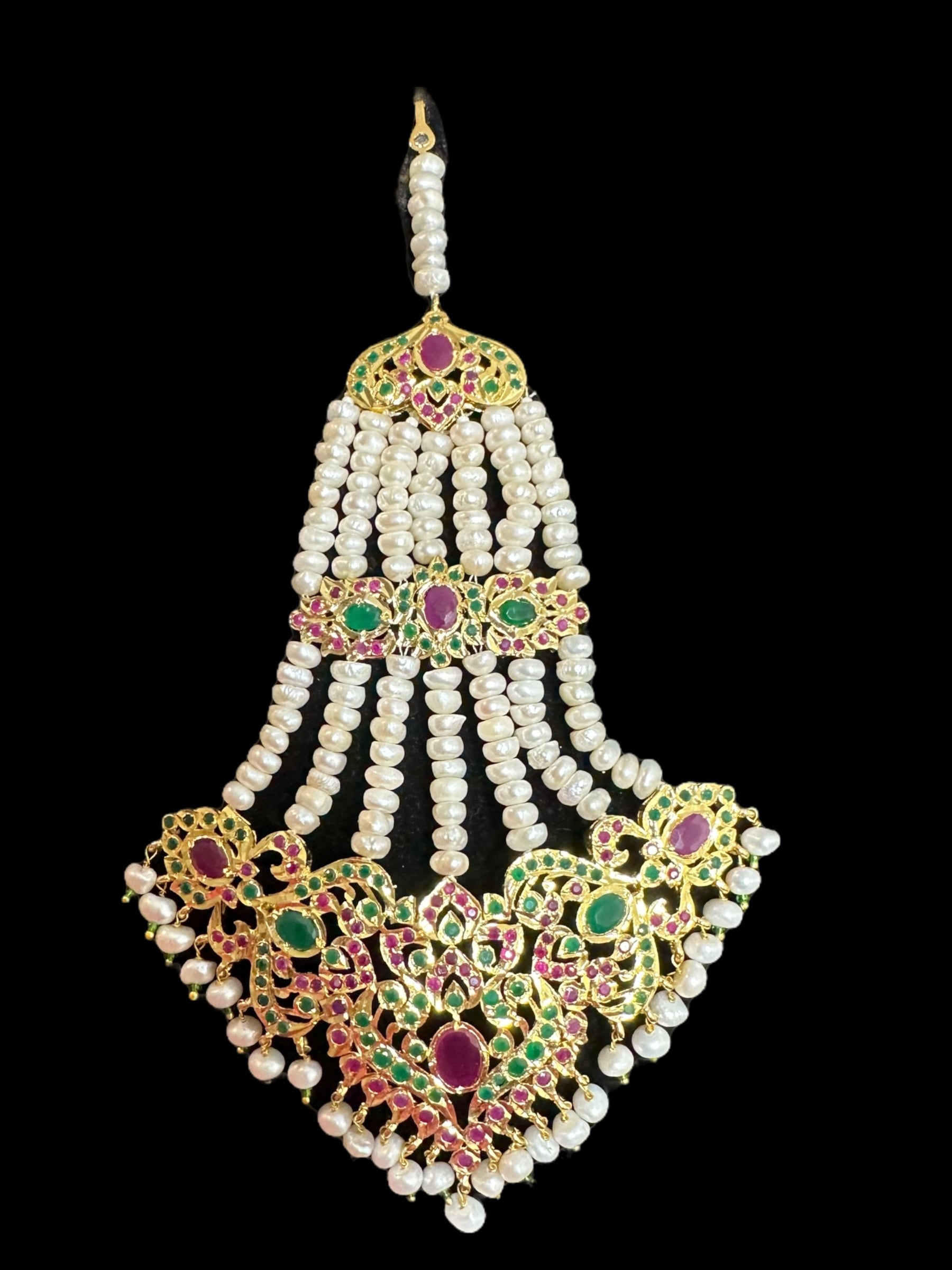 DJHR152 Kulsum ruby emerald fresh water pearl jhoomar - oversized ( READY TO SHIP )
