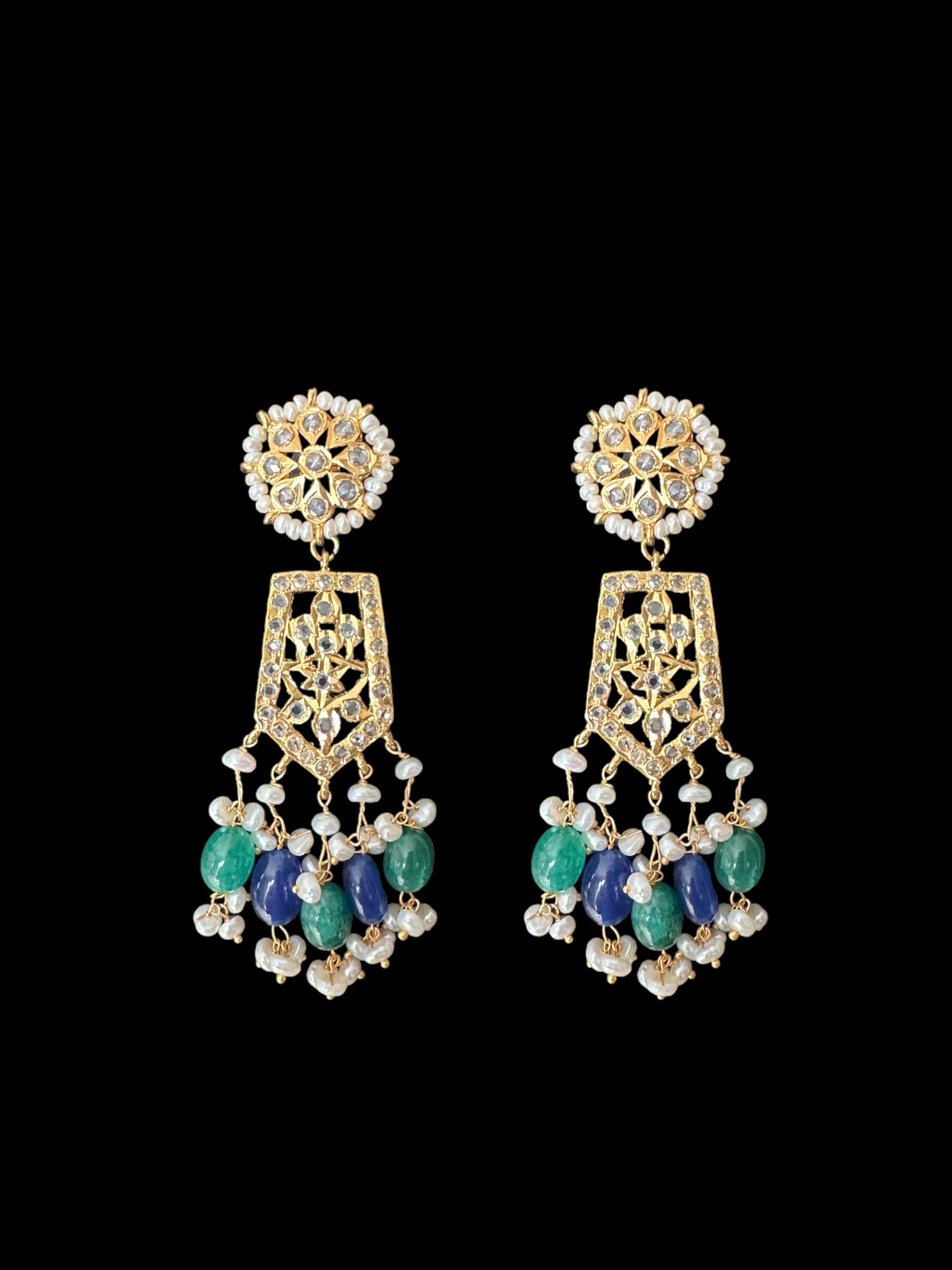 DER598 Indu earrings with fresh water pearls and emerald sapphire beads ( SHIPS IN 2 WEEKS )