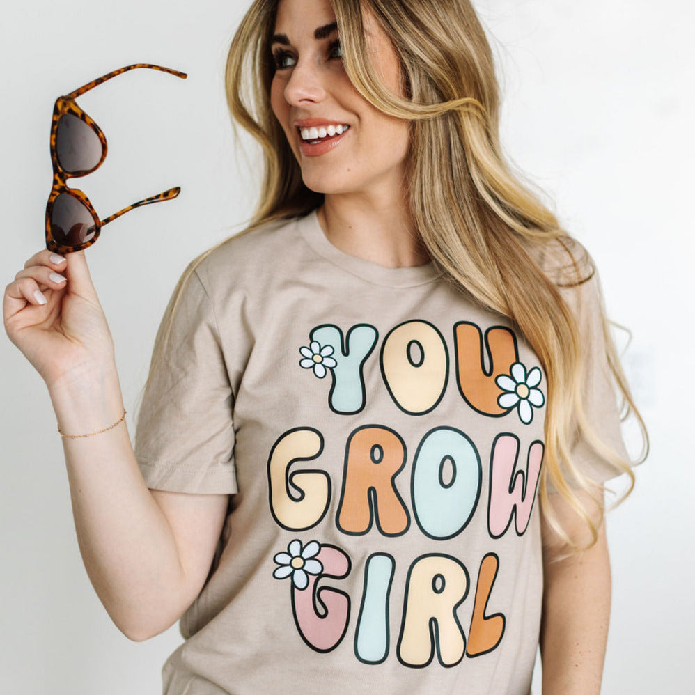 You Grow Girl on Front w/ Smiley and Flowers on Back - Unisex Tee