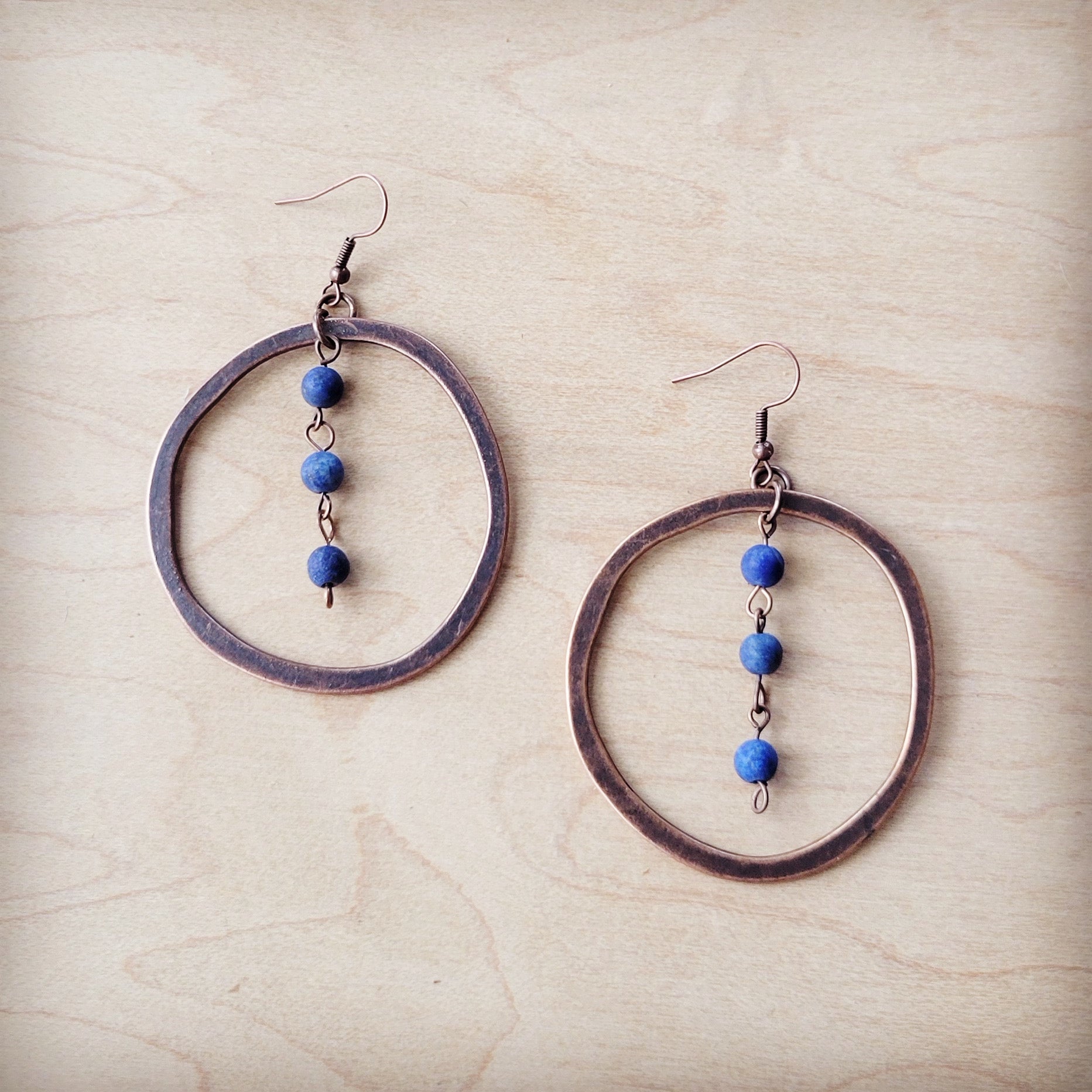 Western Copper Hoop Earrings w/ Blue Lapis Beads 225w