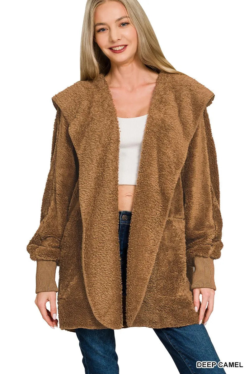 Zenana Hooded Faux Fur Jacket with Pockets