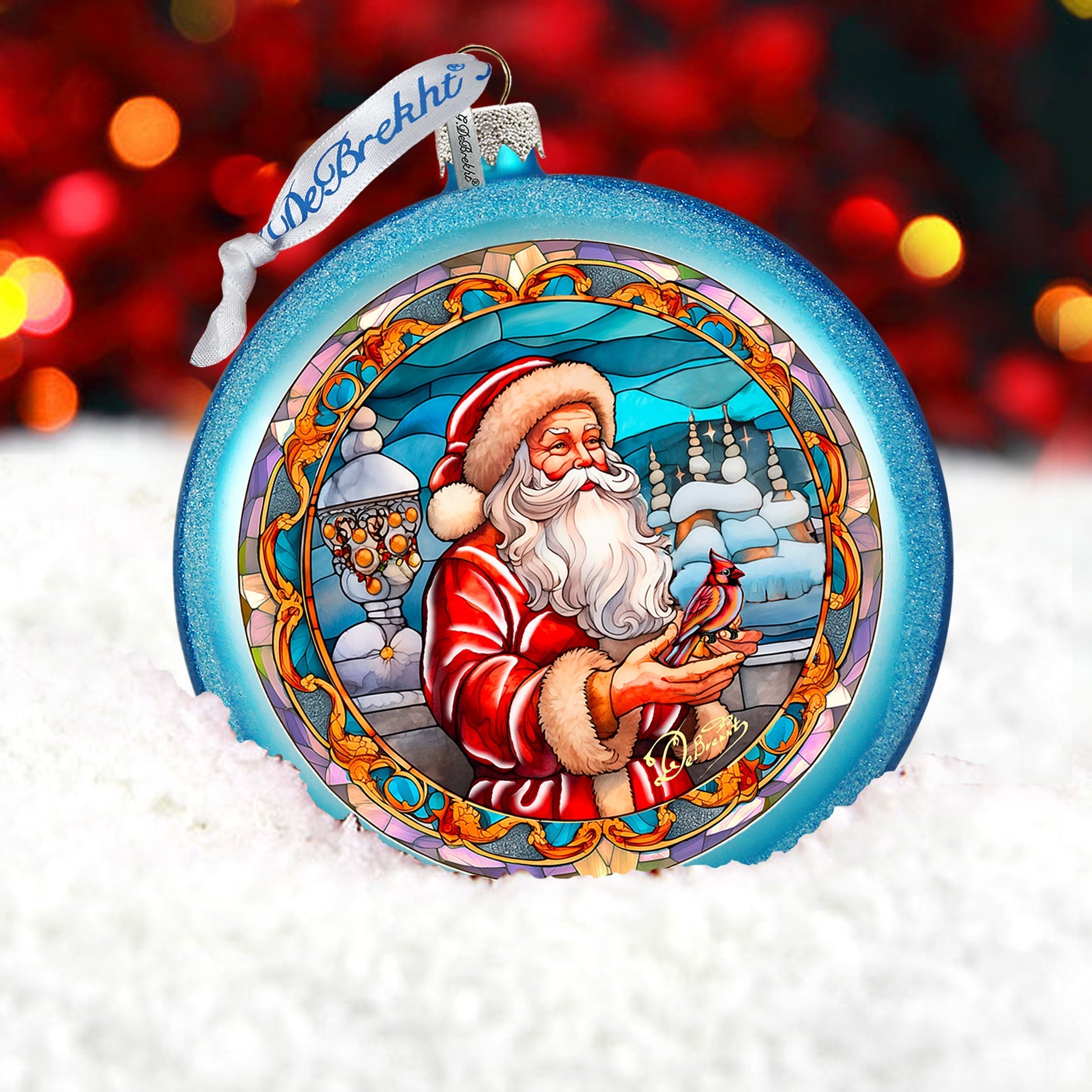Santa&amp;#39;s Red-feathered Friend Glass Ornament by G. DeBrekht - Christmas Santa Snowman Decor - 744-046