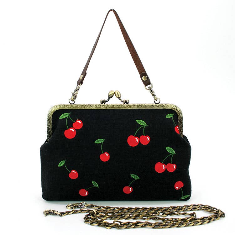 Cherry Kisslock Handbag in Linen + Cotton blend fabric: BLACK