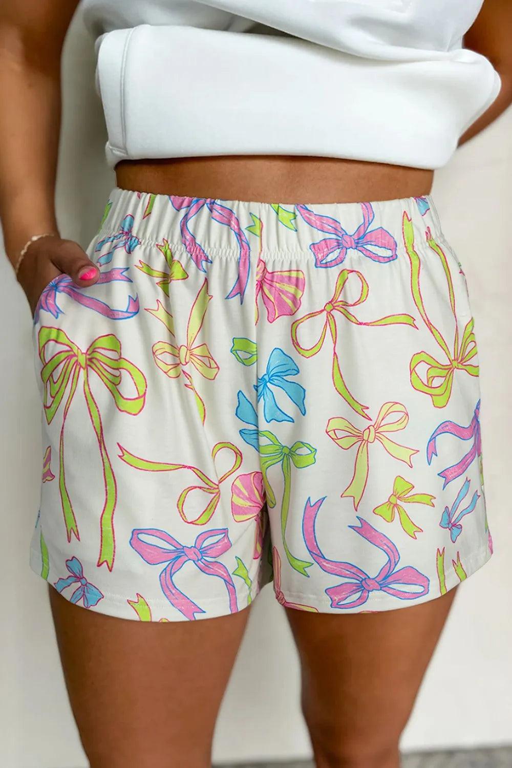 Cheerful Bow Print Elastic Pull On Casual Shorts